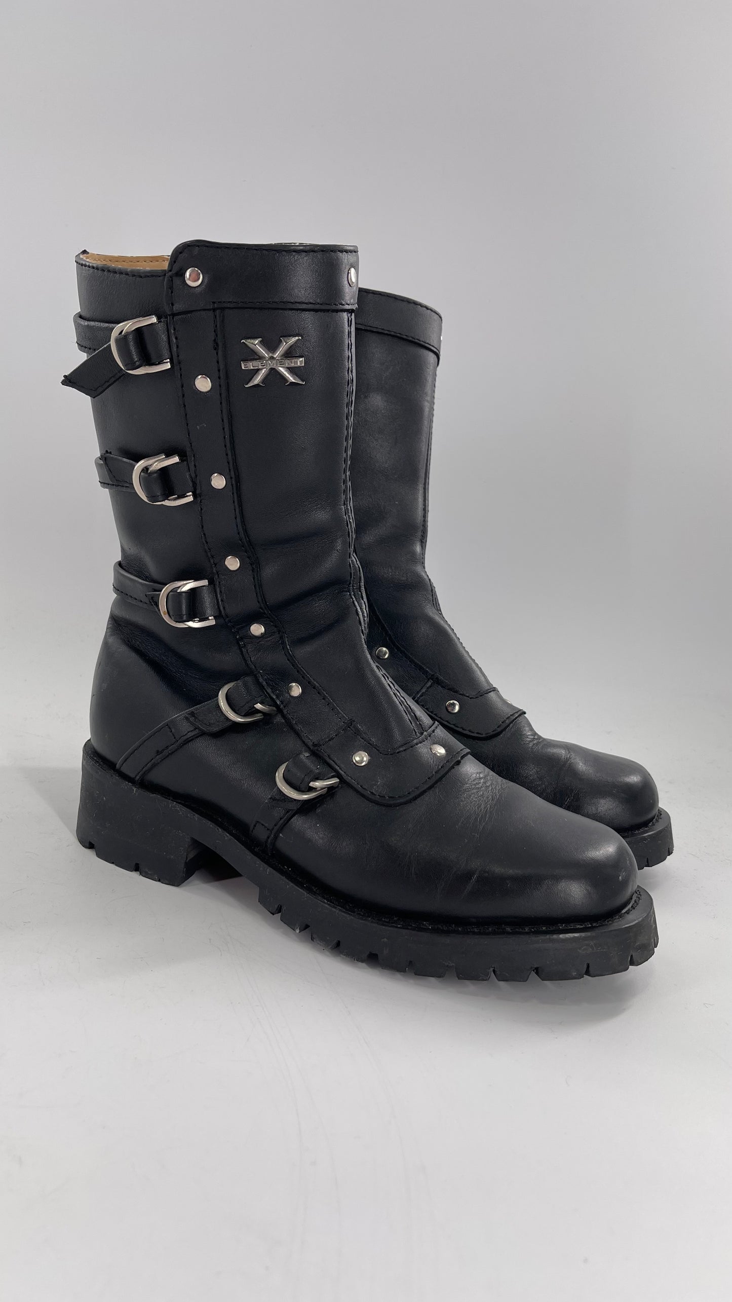 Vintage 1990s XELEMENT Buckle Side Genuine Leather Steam Punk Boots (Women’s 8.5)