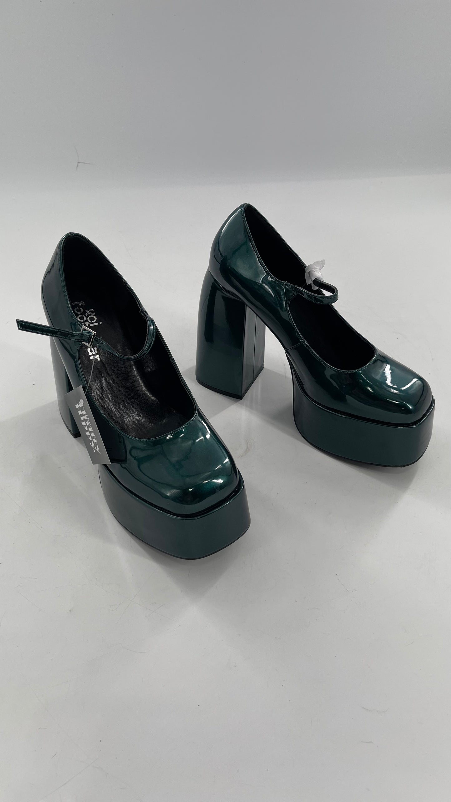 KOI FOOTWEAR Patent Emerald Green Platform Chunky Heel Mary Janes (9/39)