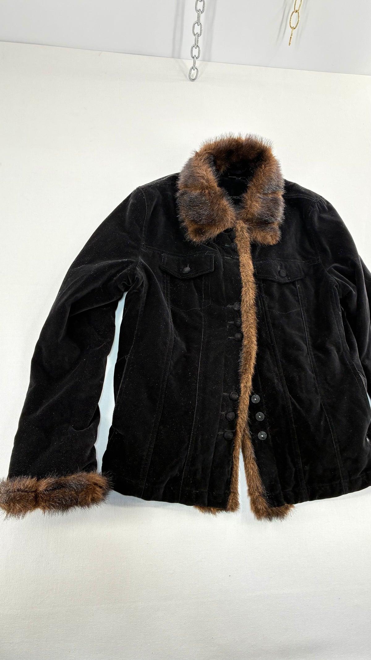 Vintage BLACK RIVET Velour Jacket with Vegan Fur Trim Collar and Cuffs (Large)