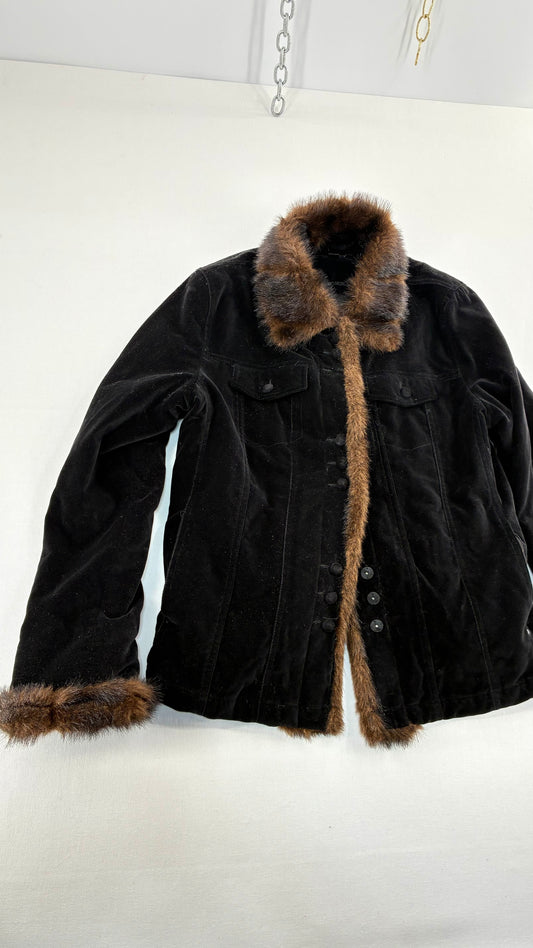 Vintage BLACK RIVET Velour Jacket with Vegan Fur Trim Collar and Cuffs (Large)