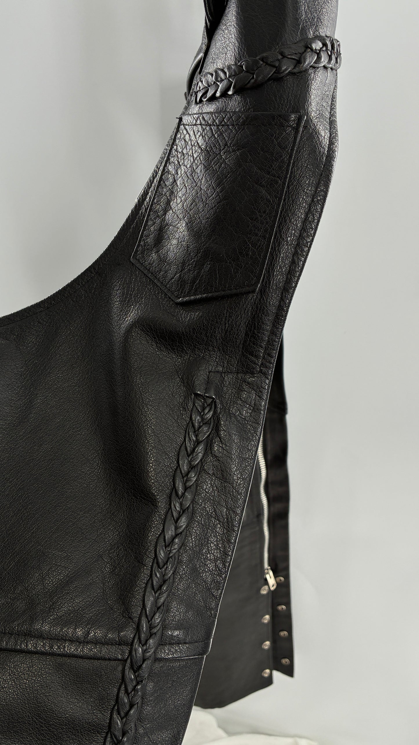Vintage AMERICAN LEATHER Black Motorcycle Chaps/Pants with Mini Pocket, and Side Zipper Detailing (XS)