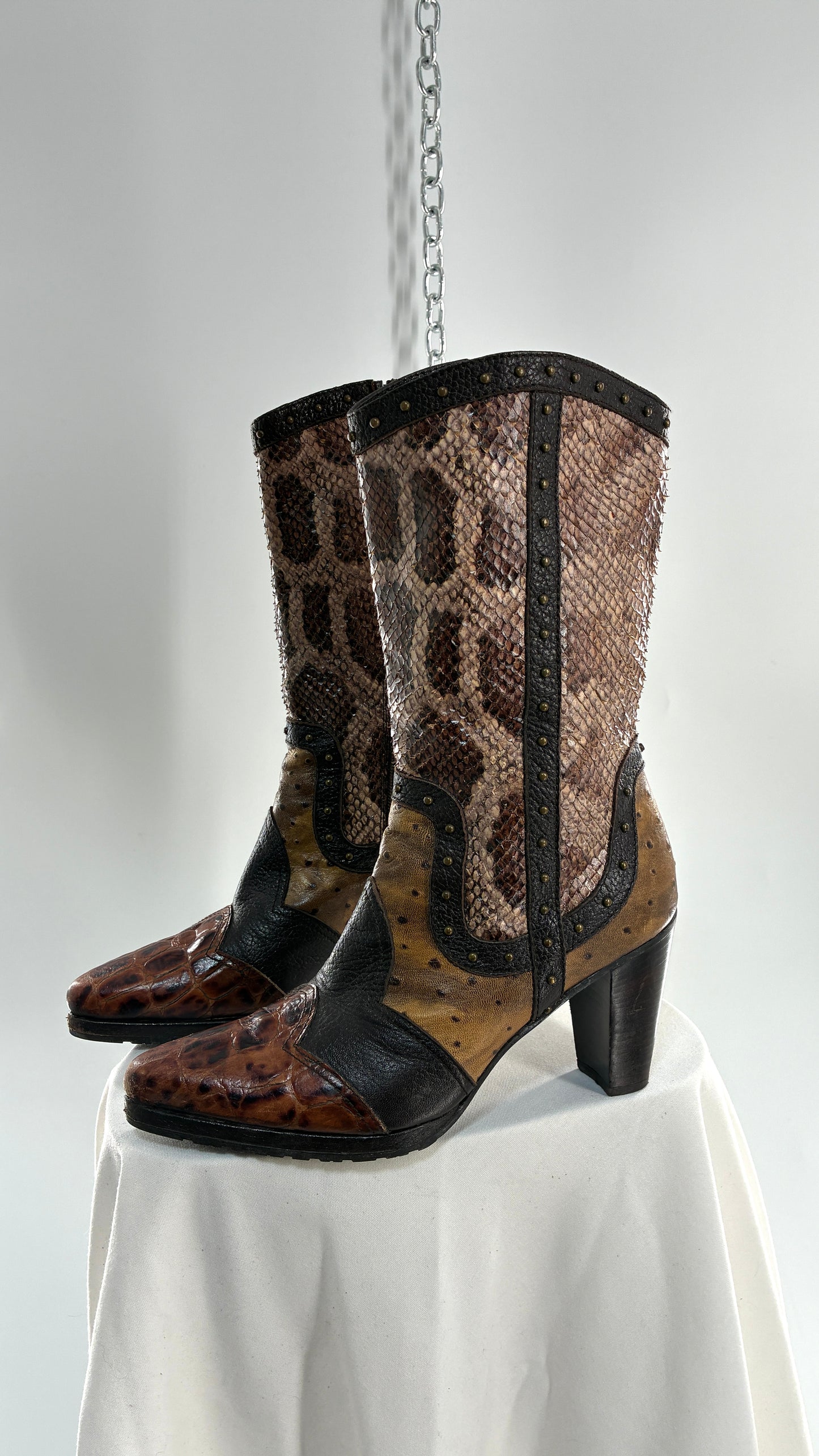 Vintage STUART WEITZMAN Stampede Boots Ft Snake, Crocodile and Ostrich Embossed Leather (8.5)