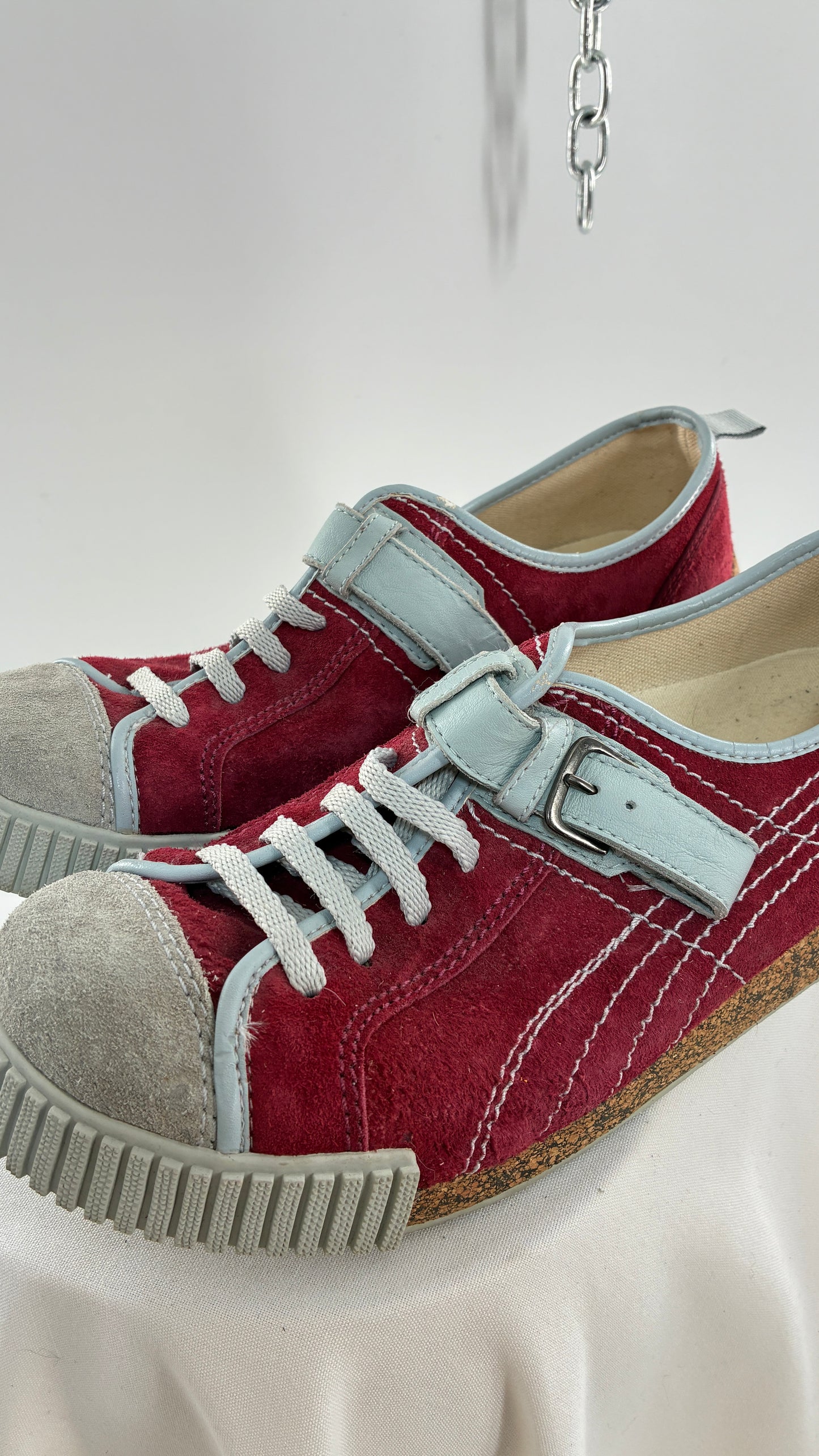 RARE 1/1 PUMA X Neil Barrett 2004 Maroon Red Suede Round Toe Sneaker with Powder Blue Stitching, Laces, and Velcro Buckle (11)