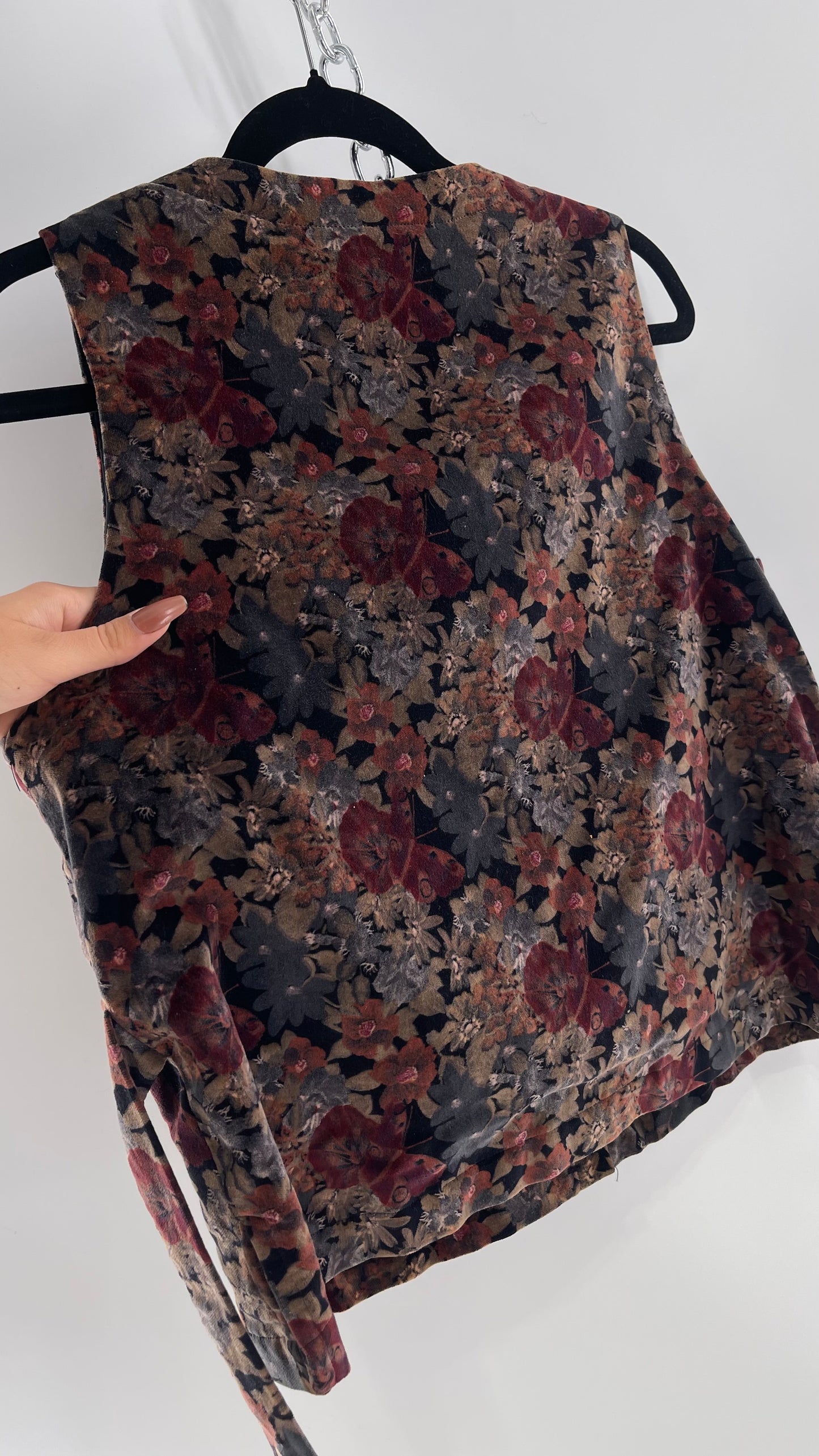 Vintage Muted Florals Velvet Vest with Front Pockets and Waist Tie (Medium)