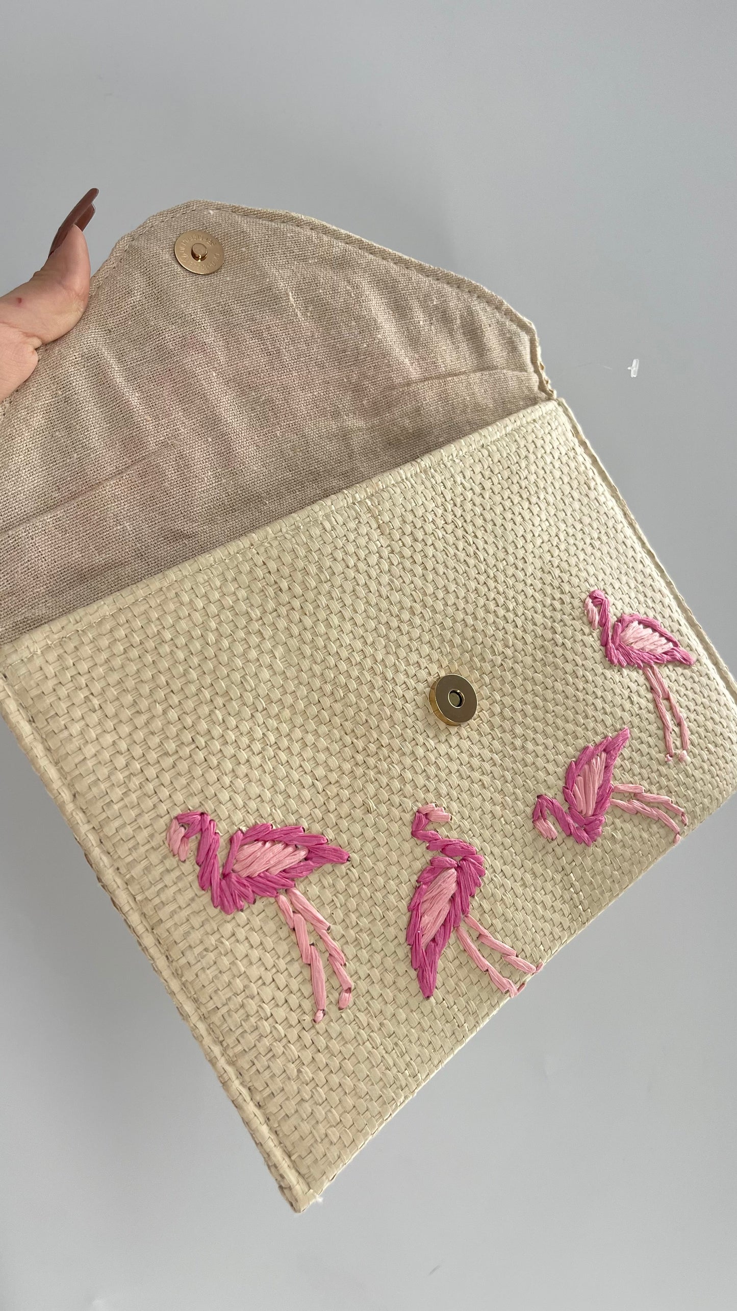 Anthropologie Straw Oversized Clutch with Embroidered Flamingos