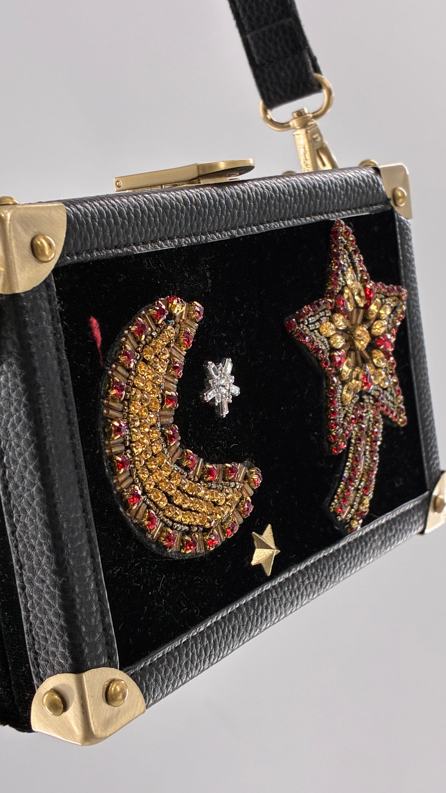 Vintage Sam Edelman Black Leather and Velour Box Case Purse with Gold Hardware and Celestial Beading