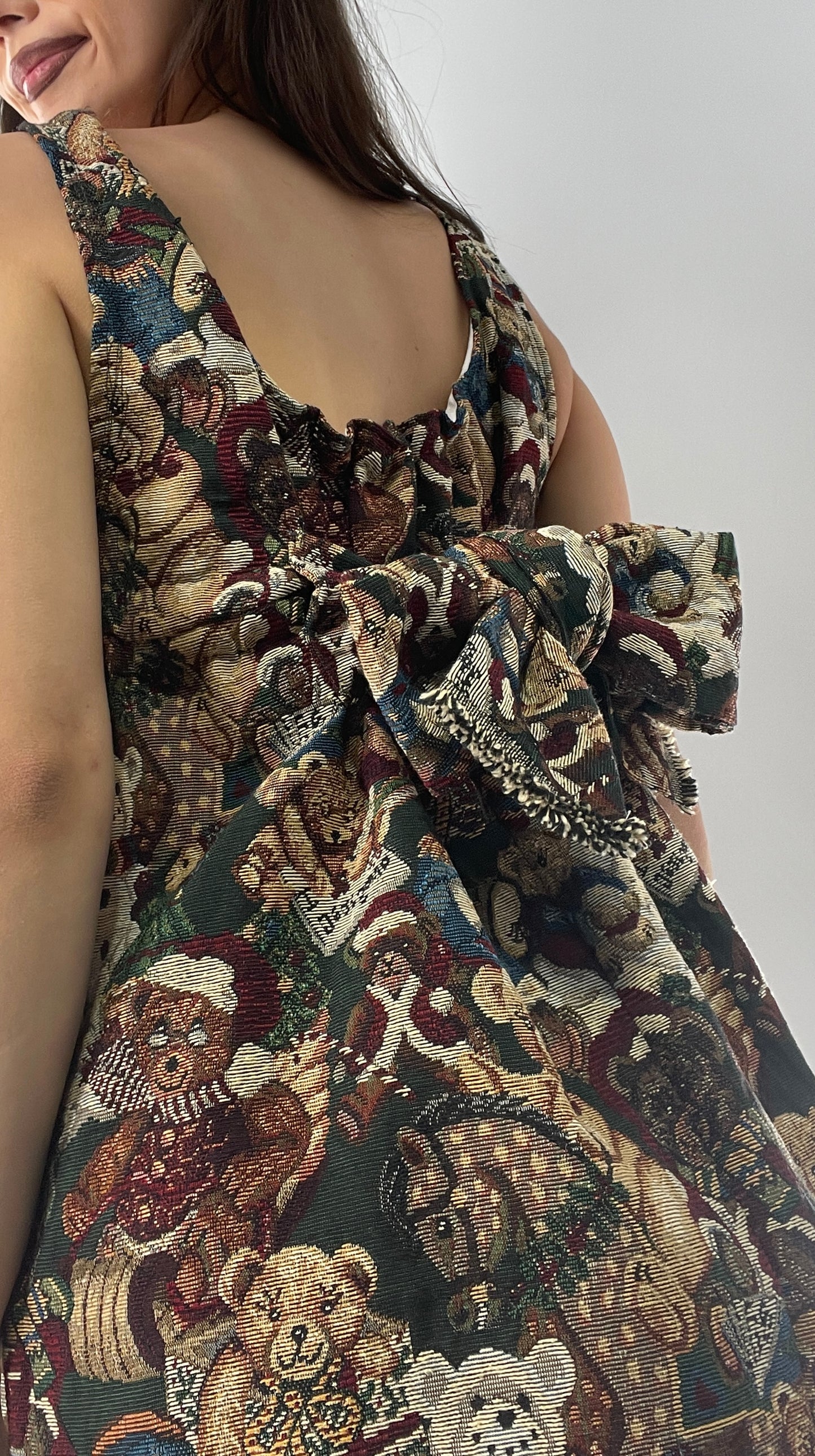 Christmas Custom Teddy Bear Tapestry Babydoll Dress with Bow Back Detail and Adjustable Neckline/Underbust (XS-L)