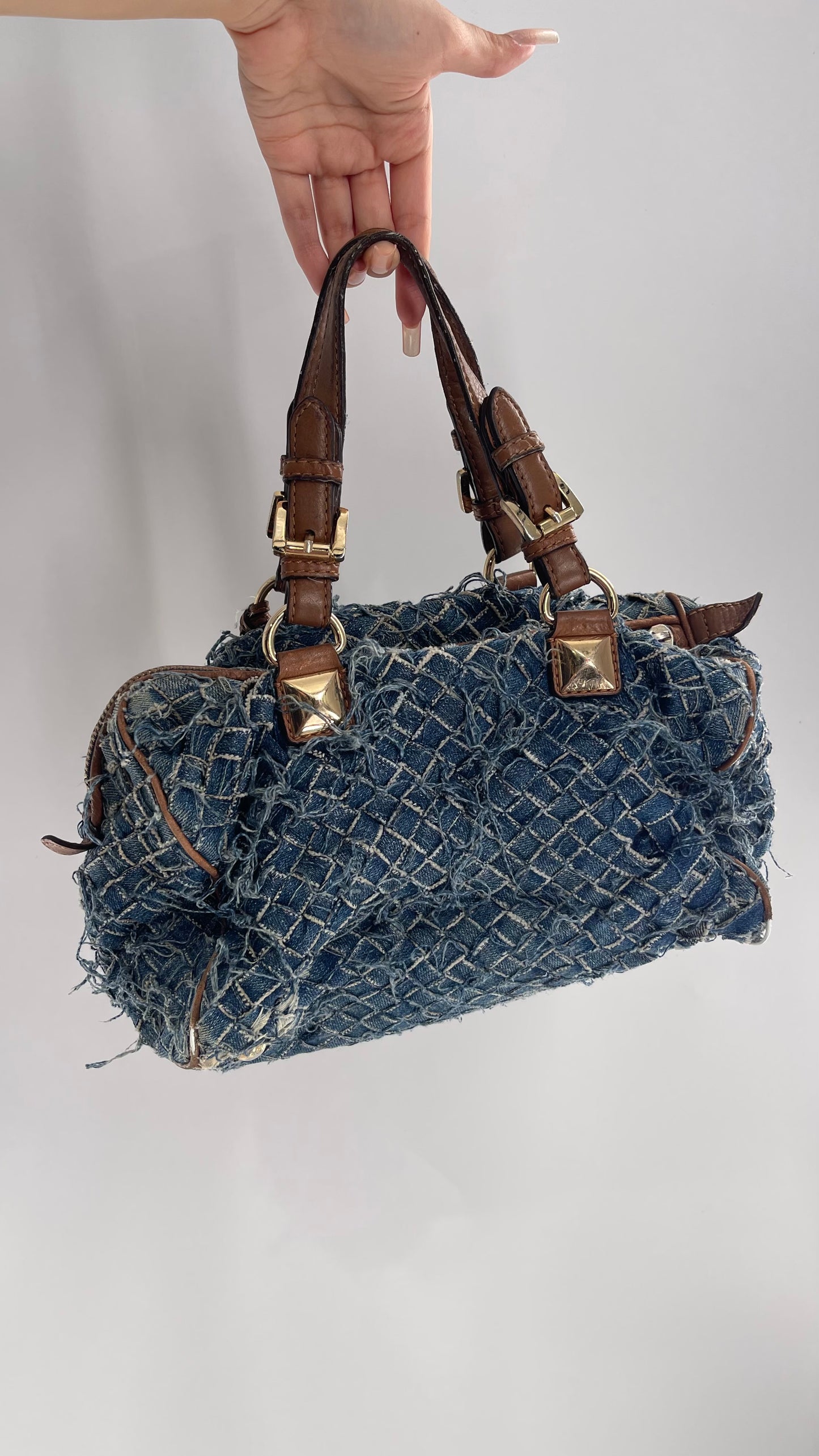 Vintage Michael Kors Woven Distressed Denim Bag with Leather Straps and Gold Hardware