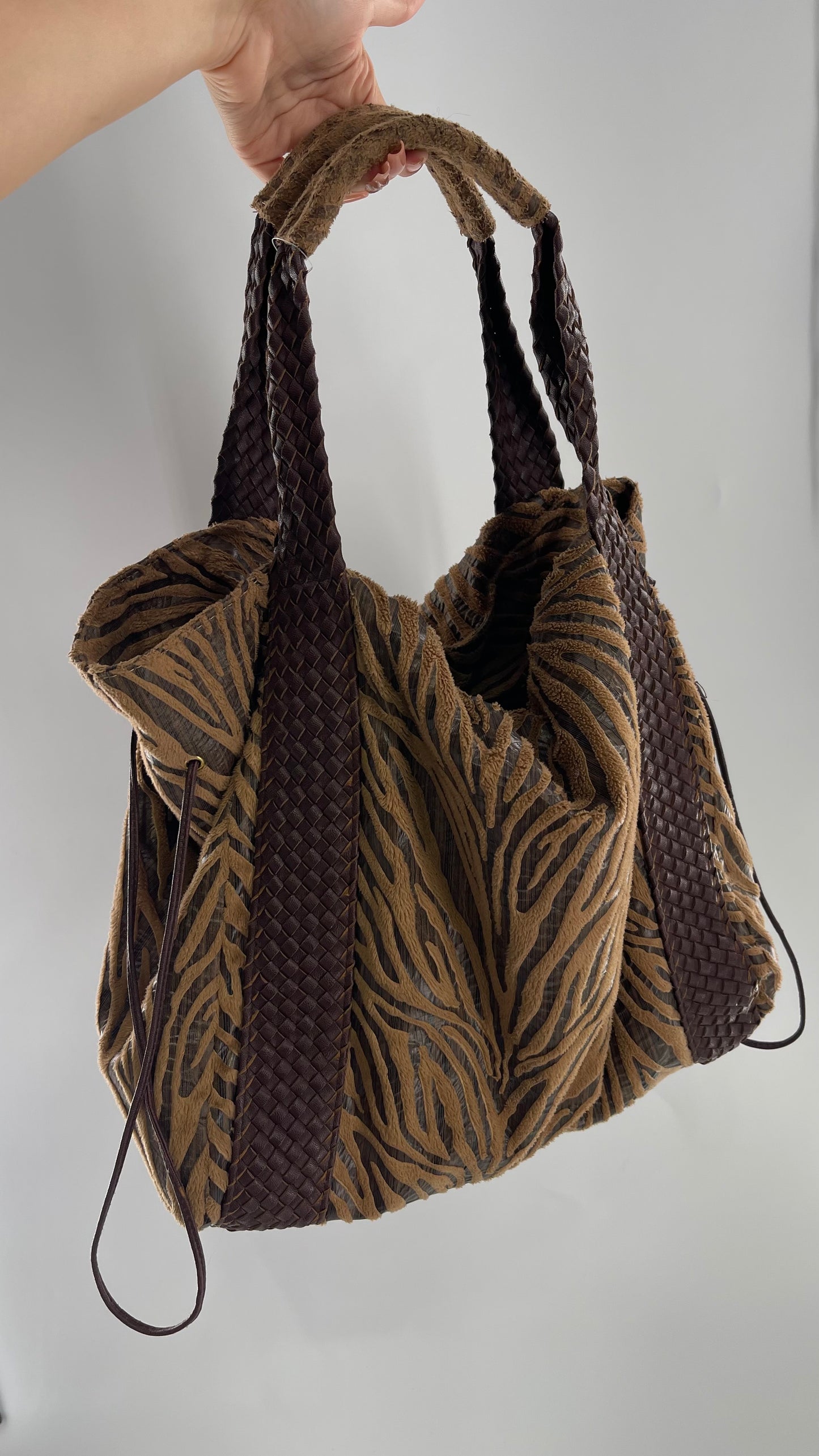 VINTAGE BRACIANO Zebra Textured Slouchy Bag with Braided Leather Straps