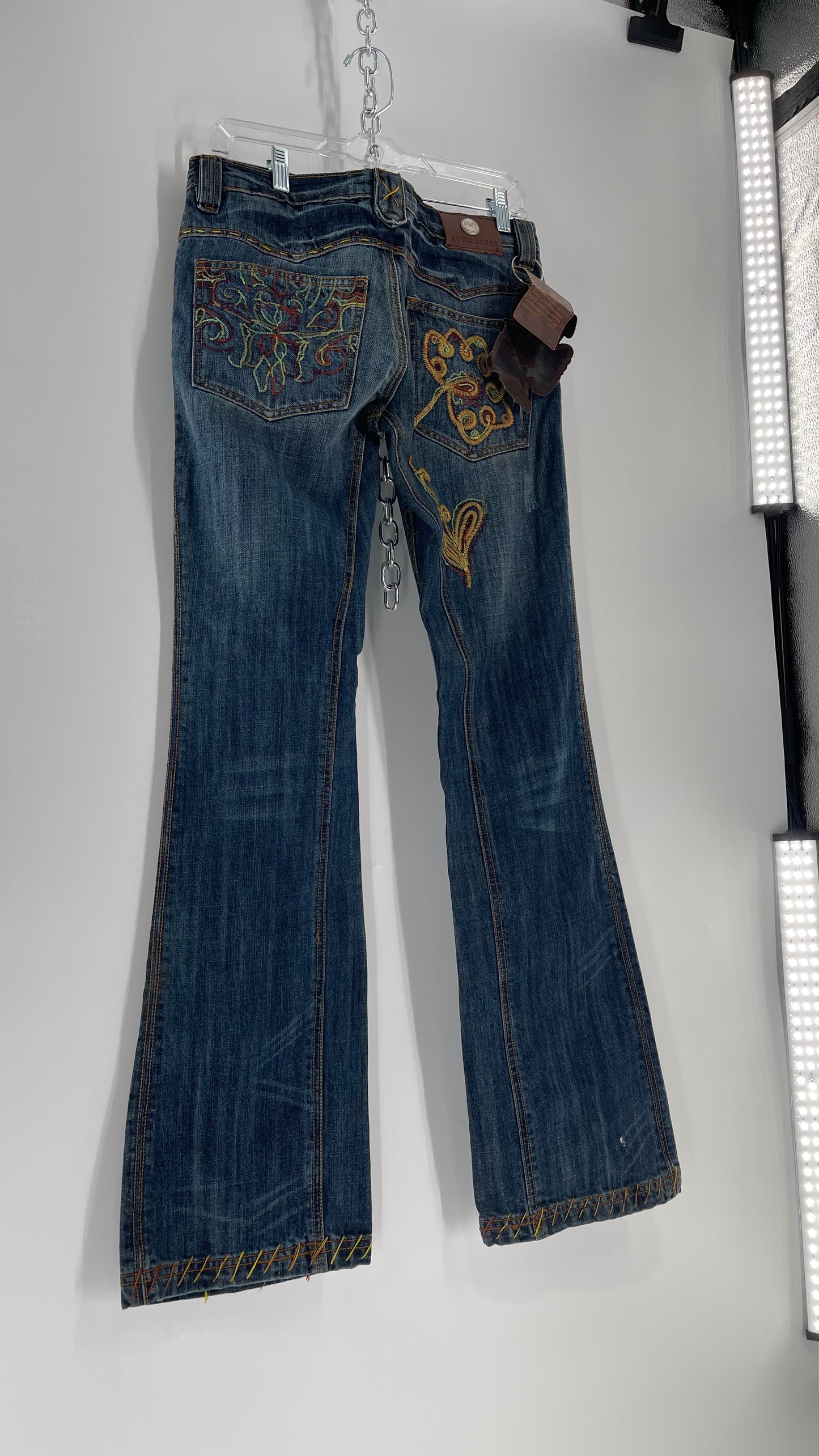 Vintage RARE Antik Denim Kick Flares with Embroidered Flower Design and Contrast Stitching (28)