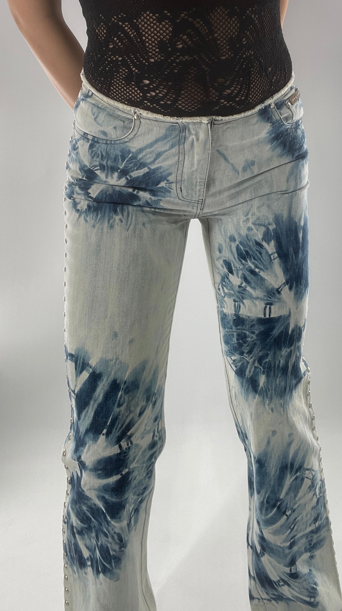 Vintage 1990s DKNY Light Bleached Jeans with Tie Dye Denim Pattern, Raw Edge Low Rise, and Studded Sides (5)