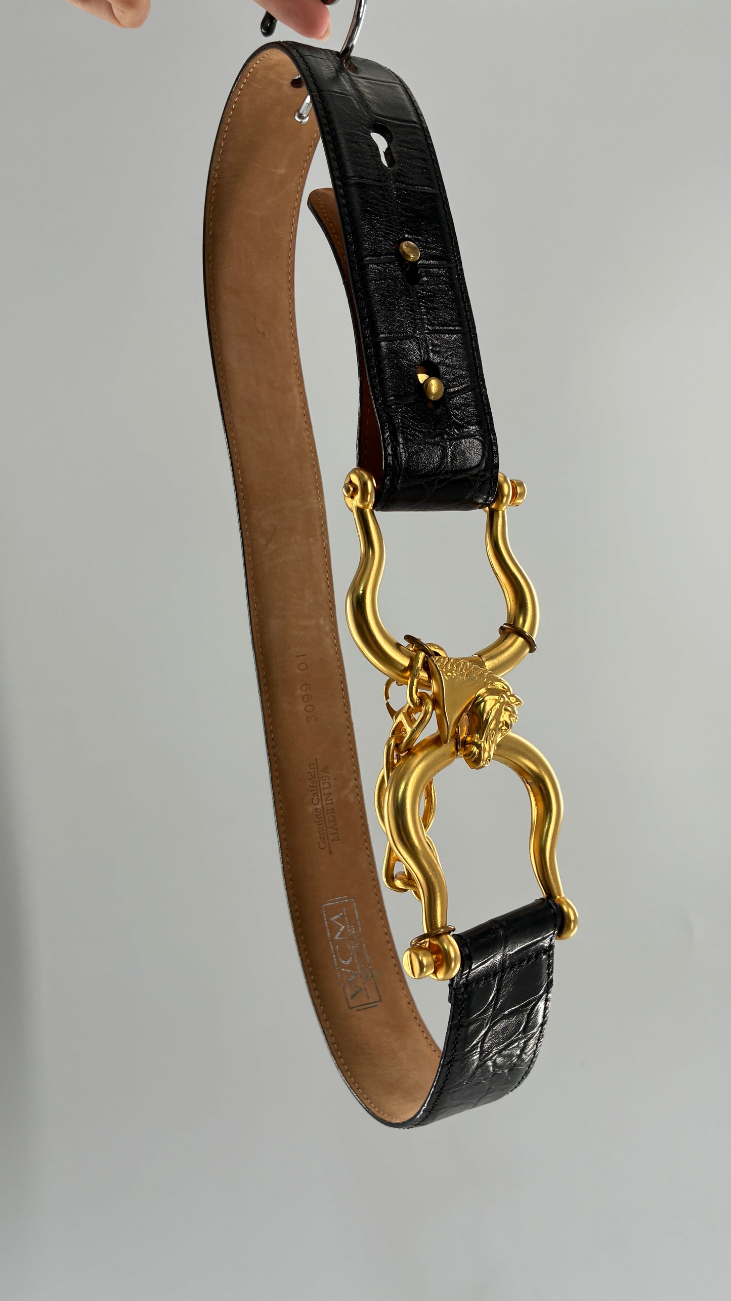 Vintage WCM New York Genuine Calfskin Belt with Golden Sculptural Horse Head Door-Knocker Buckle and Chain Detail  (Medium)