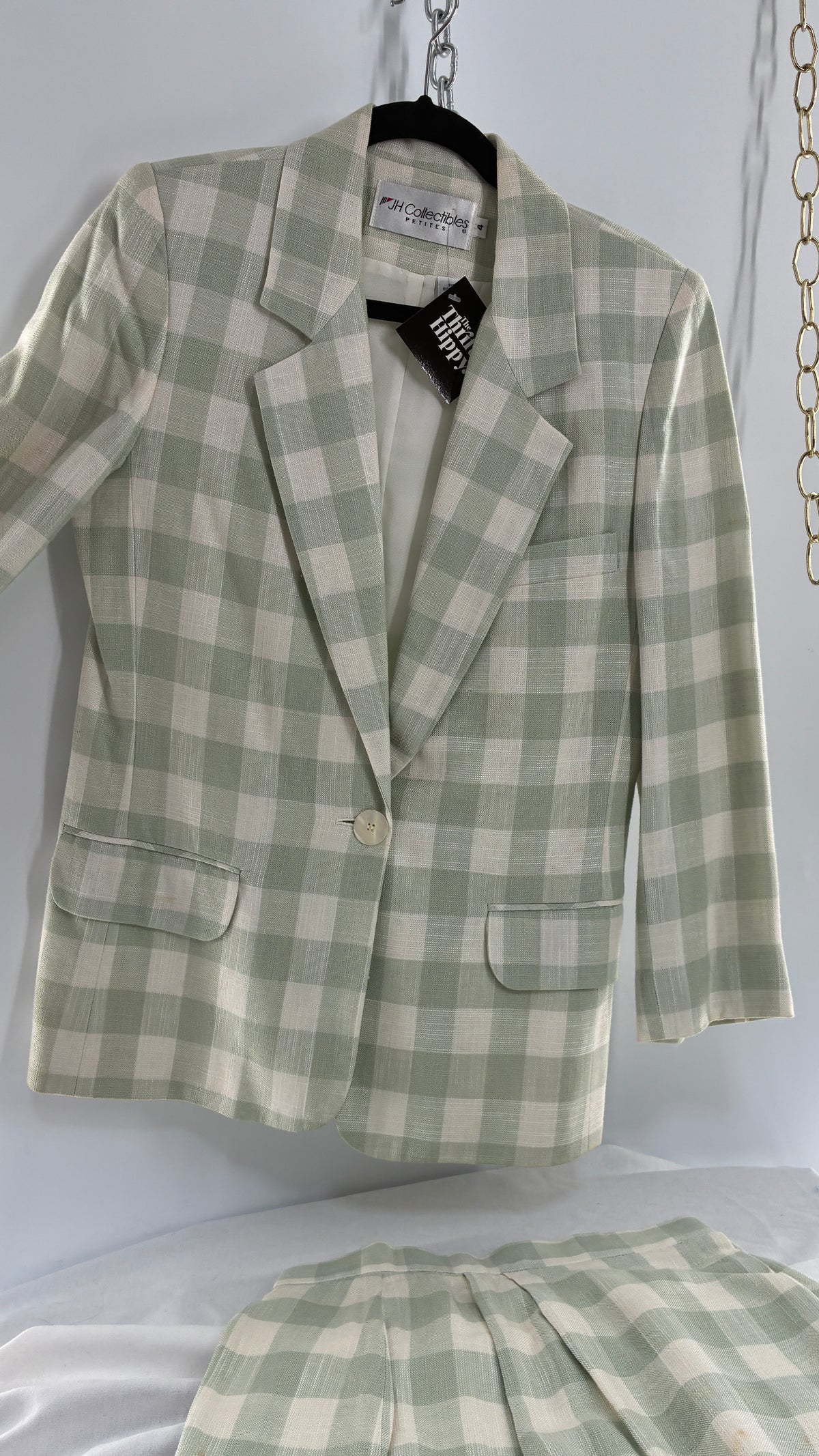 Vintage JH COLLECTIBLES 100% Rayon, Sage Gingham Suit Set (6 Skirt, 4 Blazer)
