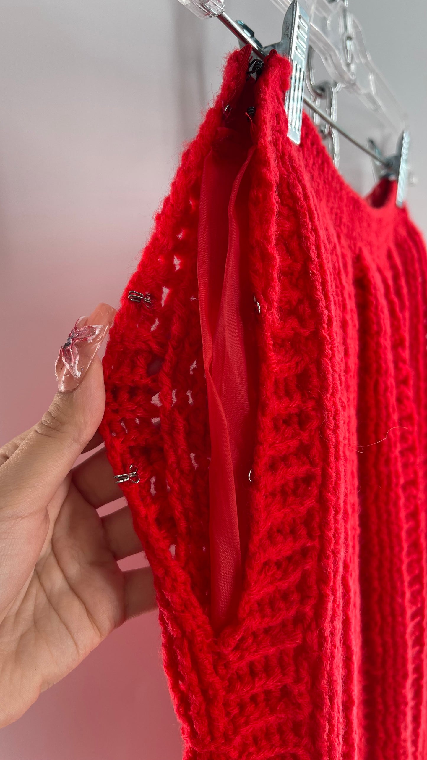 Vintage Hand Knit Red Maxi Skirt (XS)