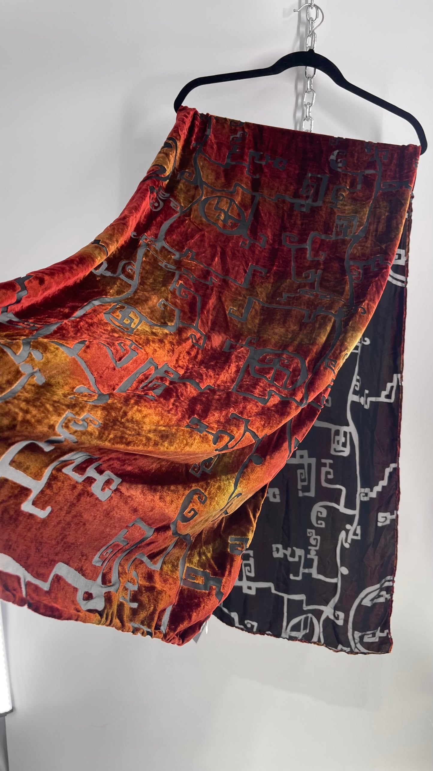 Vintage Orange/Red Abstract Burn Out Velour Scarf