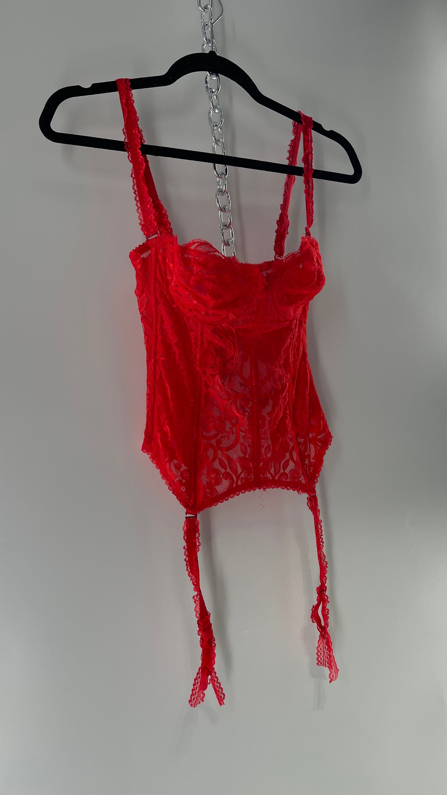 90s Vintage Red Lace Corset with Ruffled Sleeves and Removable Garter Straps (32B)