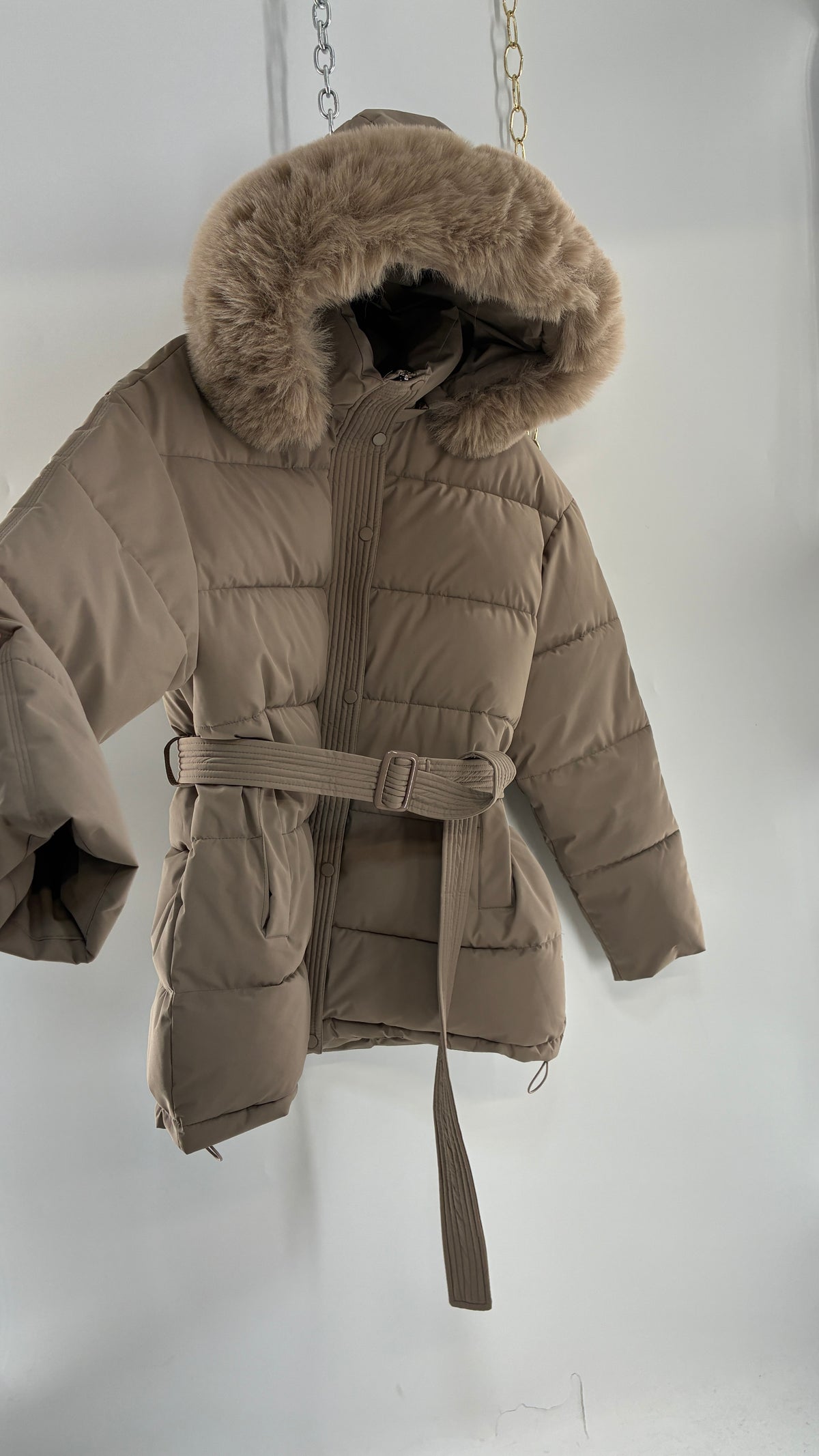 KATCH ME Taupe NWOT Bubble Coat with Exaggerated Vegan Fur Lined Hood NWOT (XL)