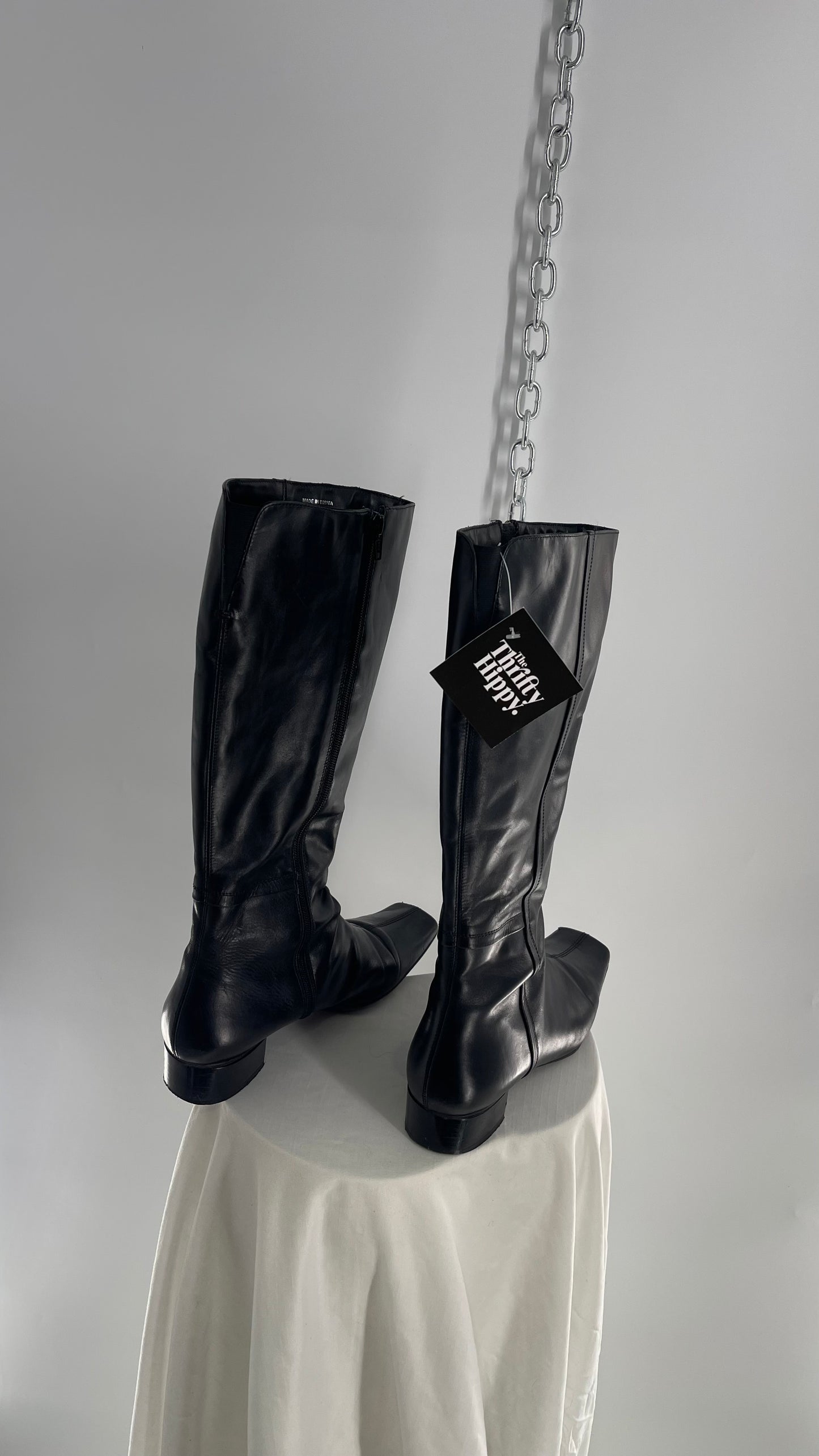 Vintage YKK Black Leather Square Toe Knee High Boot (40)