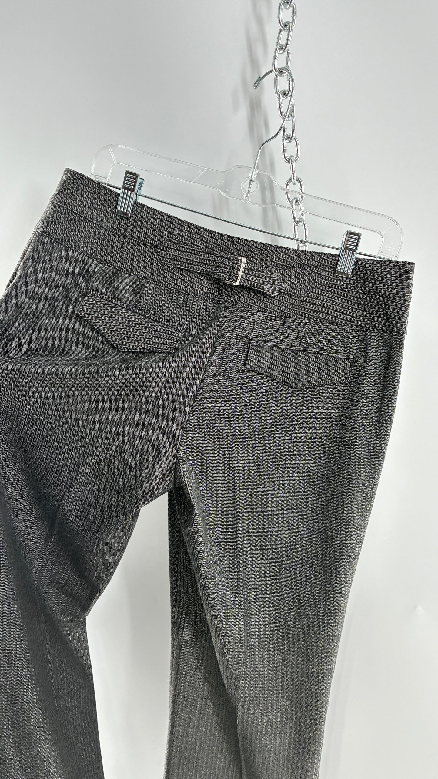 Vintage 1990s EXPRESS Editor Dark Grey Pinstripe  Ultra Low Rise Thick Hip Band Kick Flares (6R)