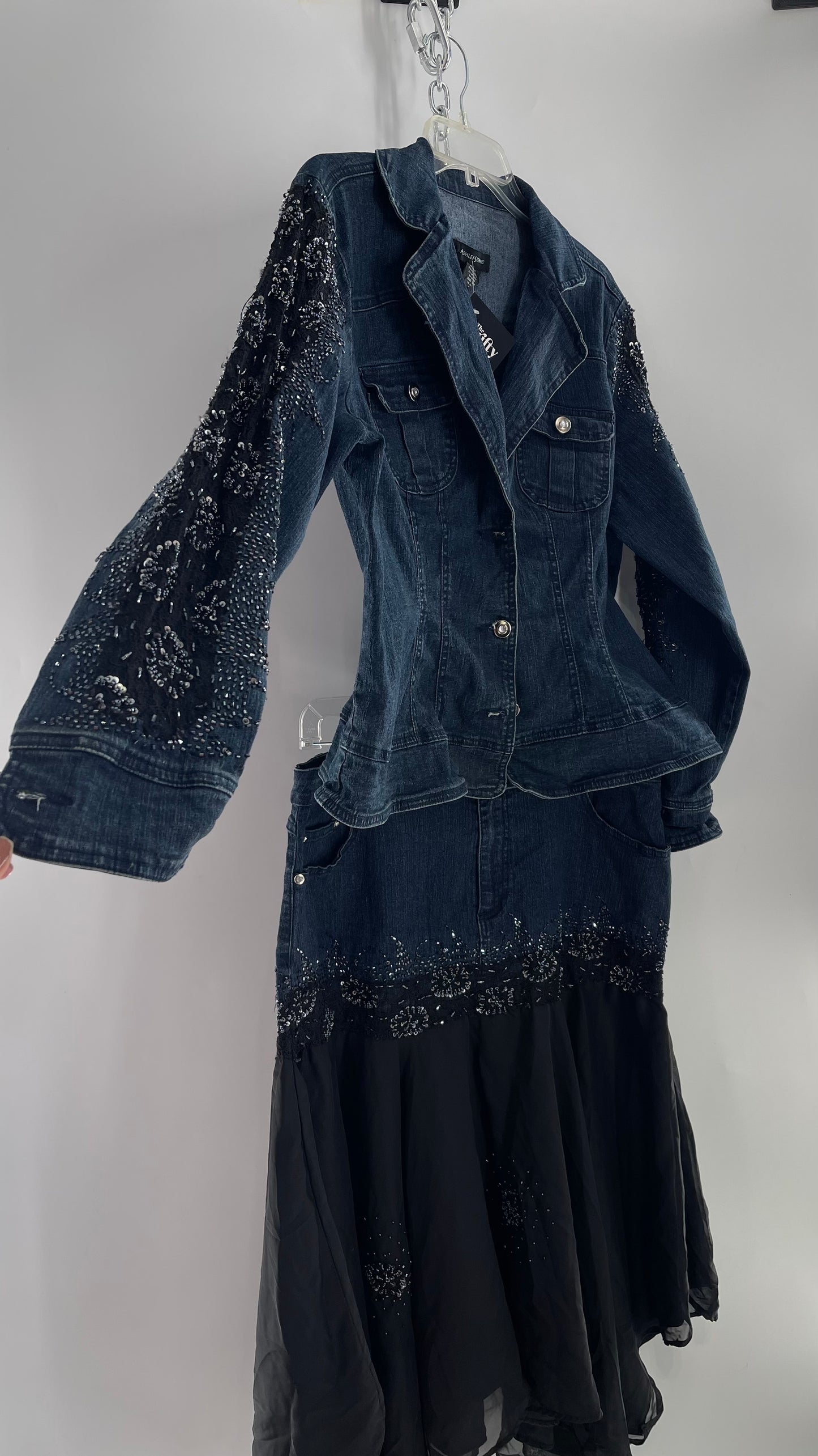 Vintage Ashley Stewart Denim Skirt and Button Up Set with Black Embroidered and Beaded Lace Details + Handkerchief Skirt (16W)