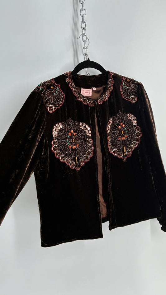 Blush Vintage BLUSH Brown Velvet Beaded and Embroidered Jacket (L/XL)