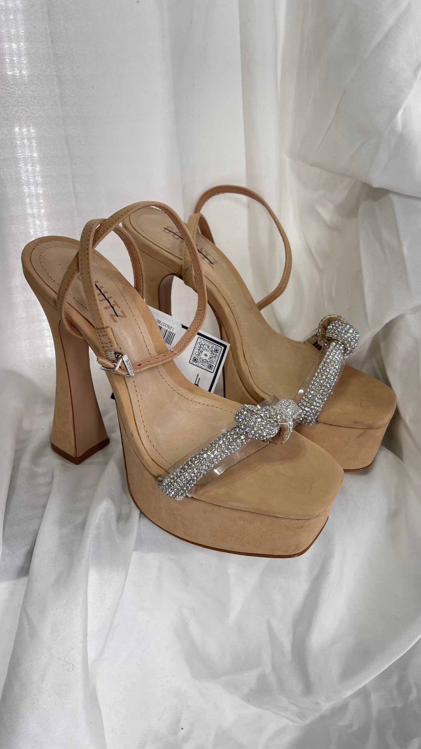 SCHÜTZ Peaky Beige/Tan/Nude Platform Heel with Funky Heel and Clear Knot Rhinestone Toe Strap (6)