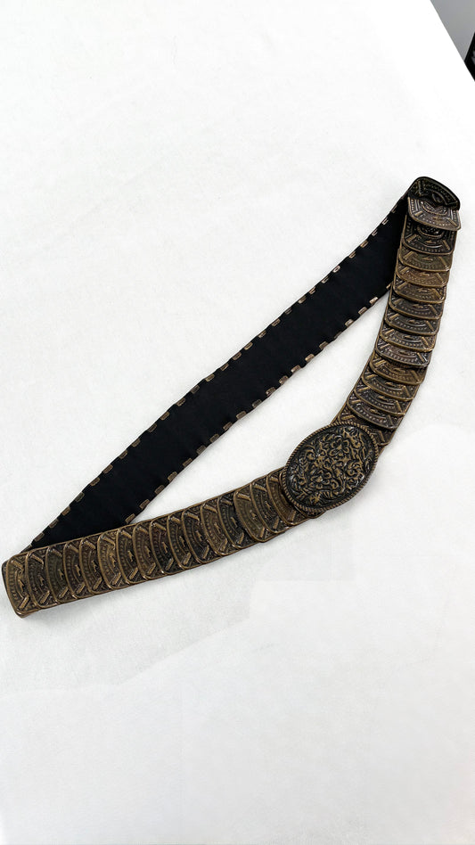 Vintage Antique Gold-Tone Scale Belt With Ornate Oval Buckle (L/XL)