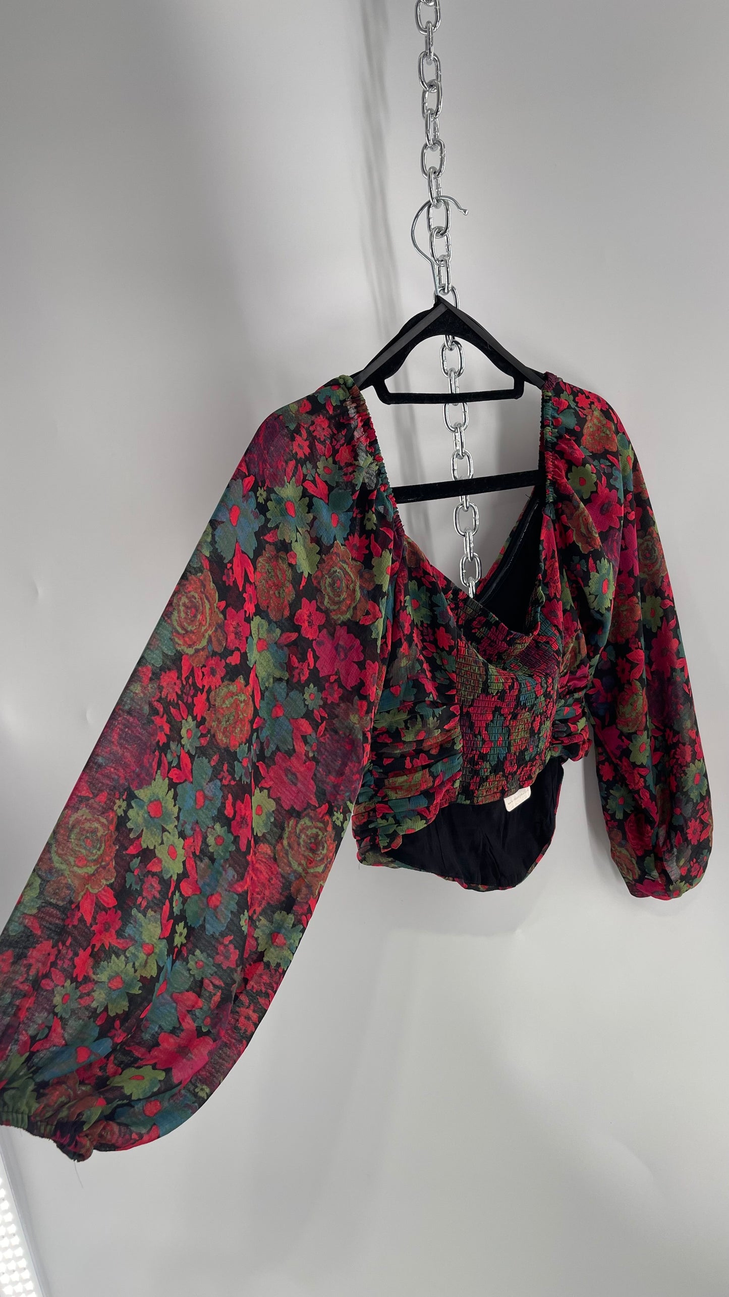 Free People Cropped Floral Blouse with Ruched Body, Balloon Sleeves and Appliqué Rosette Bustline with Tags Attached (Small)