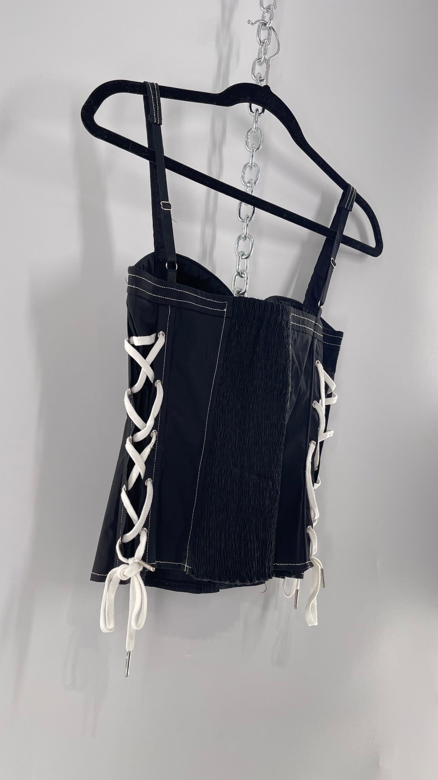 IAMGIA Black Corset Tank with White Lace Tie Up Detail and Contrast White Stitching (S)