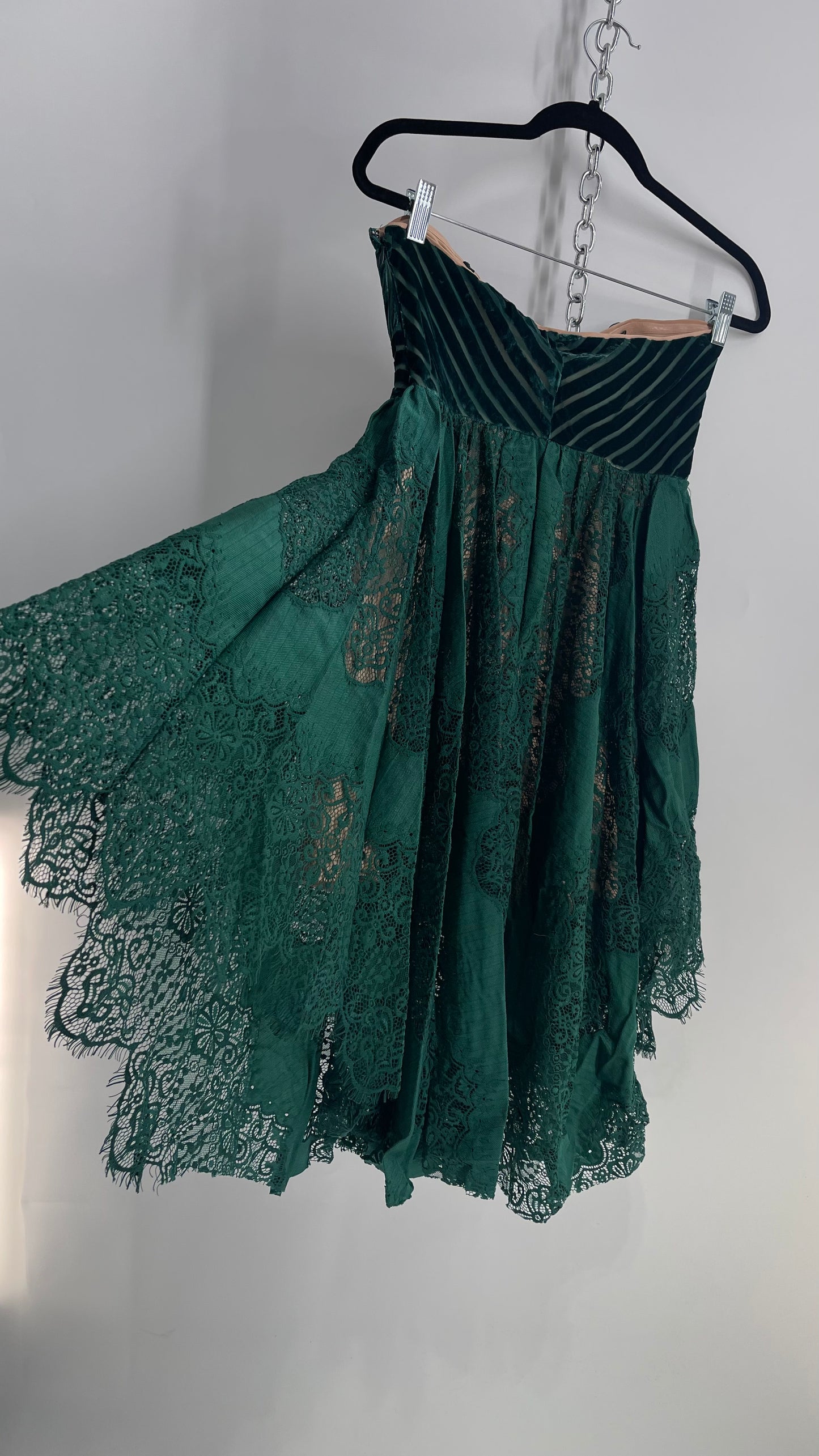 Free People Emerald Green Dress with Velvet Sweetheart Neckline Bustier Bodice with Scalloped Lace, Handkerchief Hem Skirt over Nude Underlay 
 (4)
