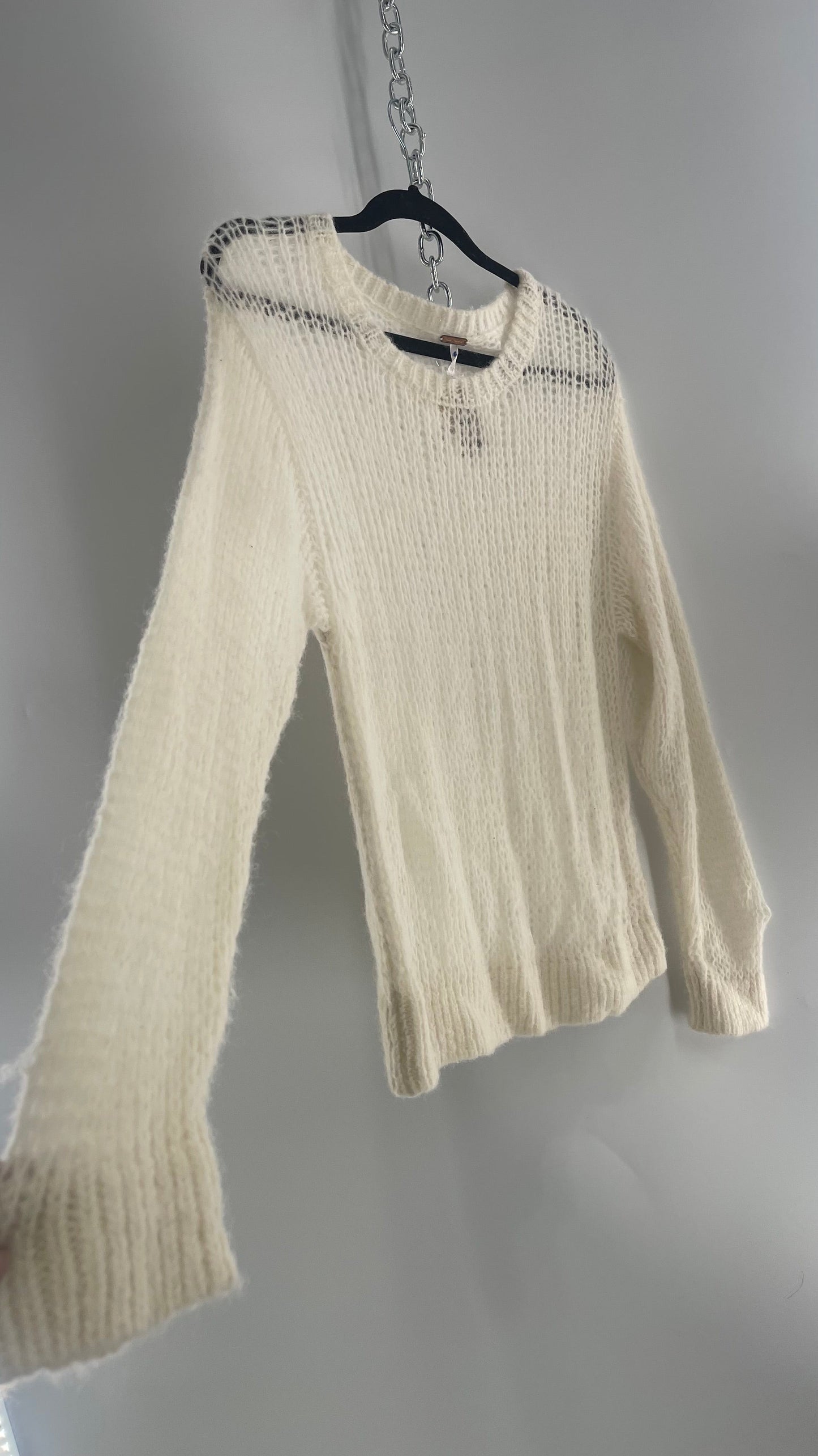 Free People White Open Knit Alpaca Sweater (Large)