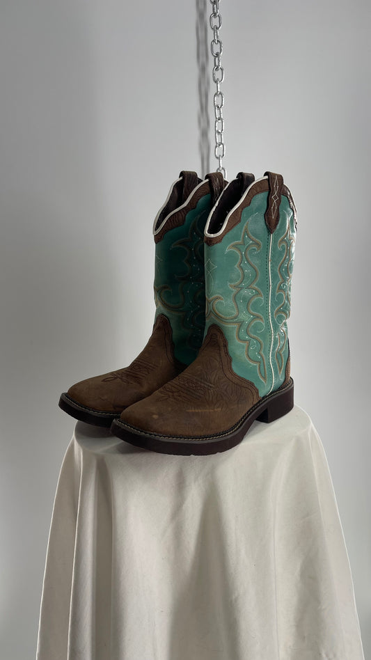Vintage Justin Gypsy Brown Leather Turquoise Raya Cowboy Boots (8.5B)