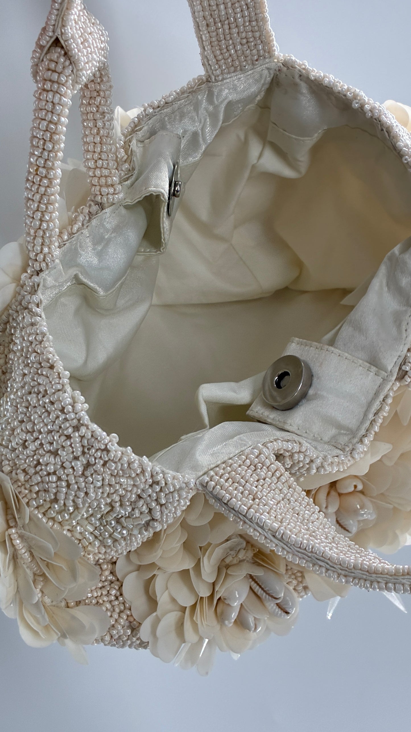 Beaded Off White Purse with Sequin and Shell Flowers