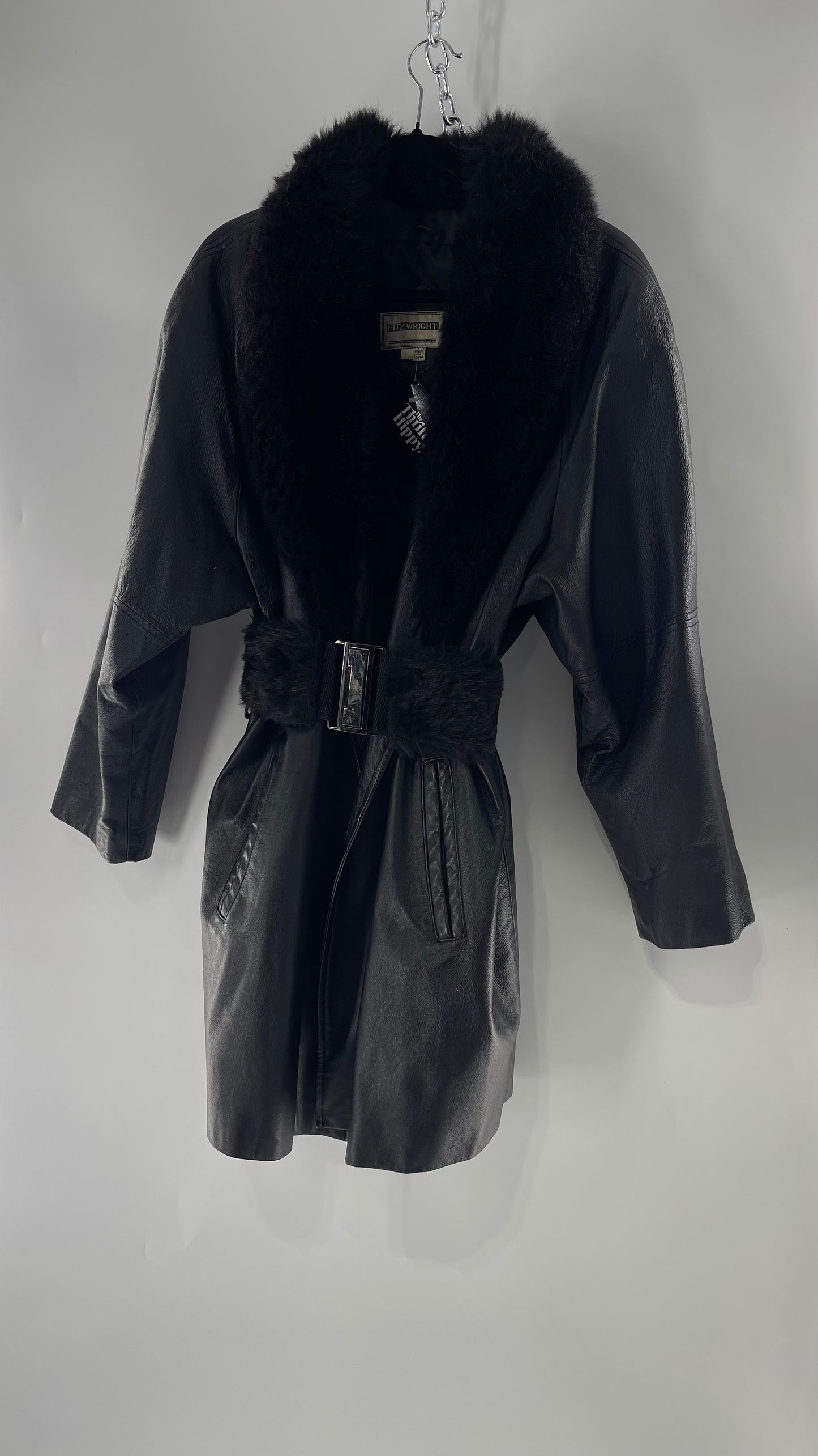 FITZWRIGHT Vintage Black Leather Coat with New Zealand Opposum Fur Collar and Faux Fur Belt  (C)(Large)
