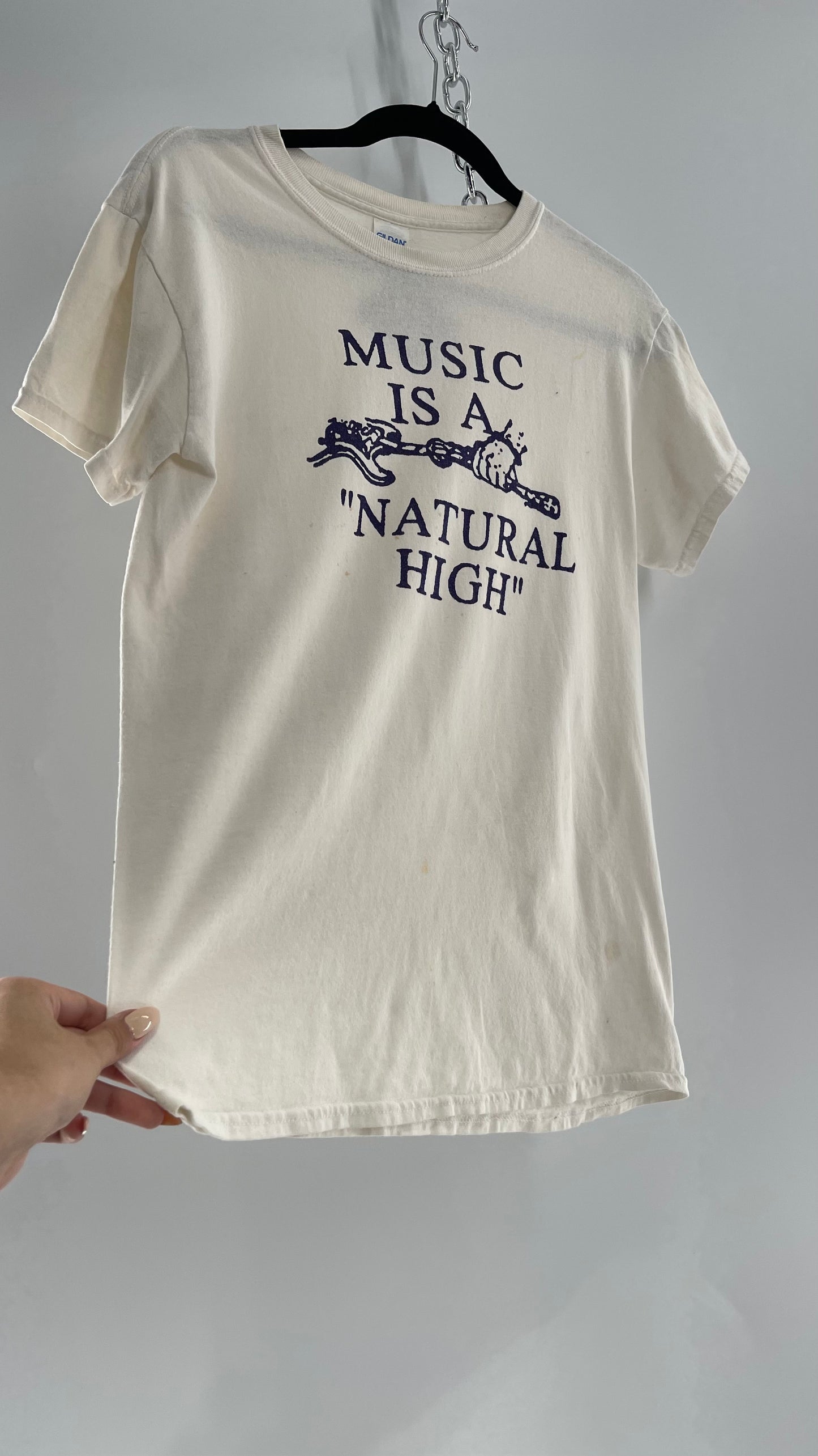 Vintage 1980s White T with Purple Music is a Natural High Font (Small)