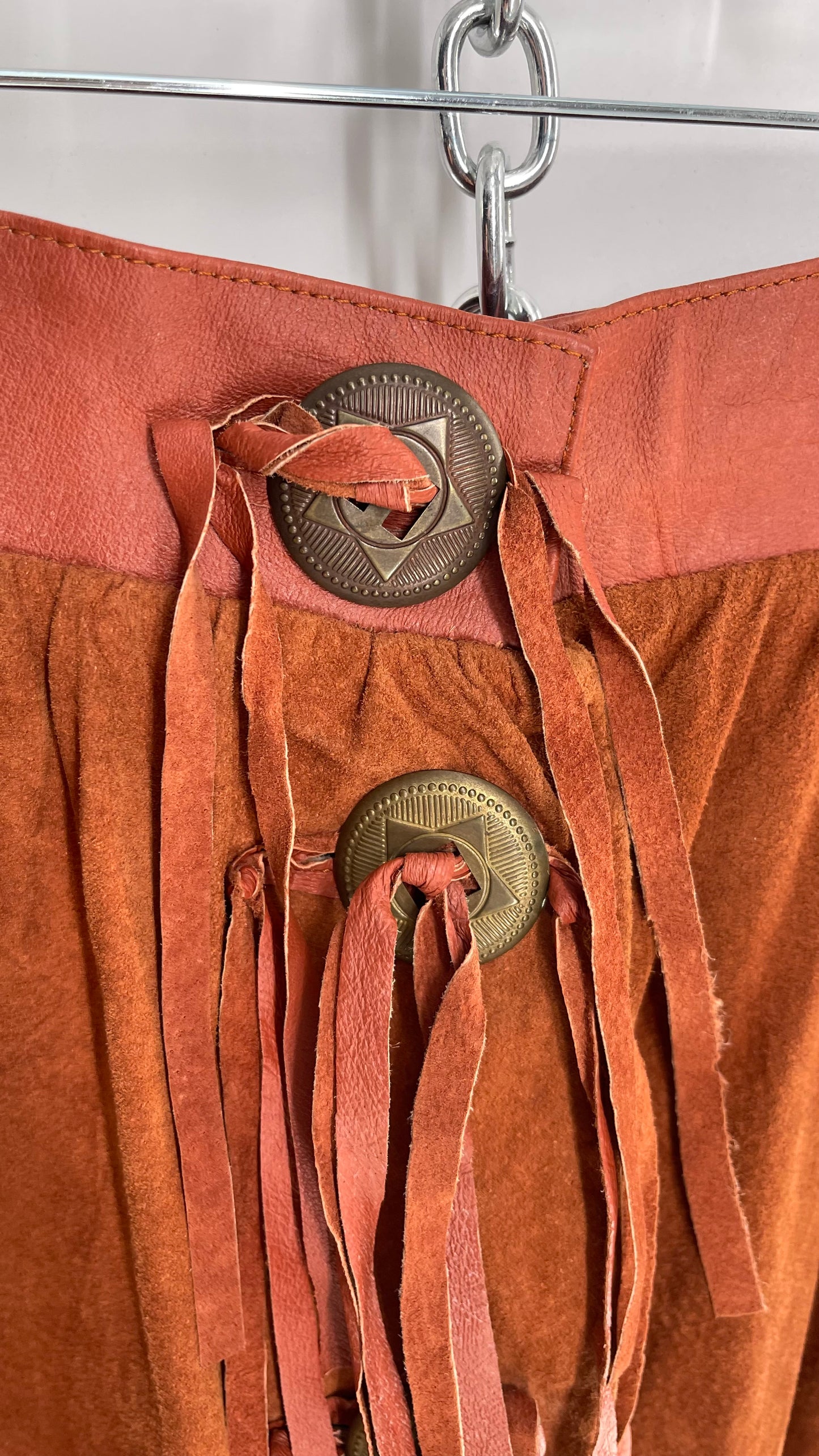 Vintage Toffs 1970s Burnt Orange Cognac Suede Leather Skirt with Tassels/Fringe and Oversized Metal Buttons (10)