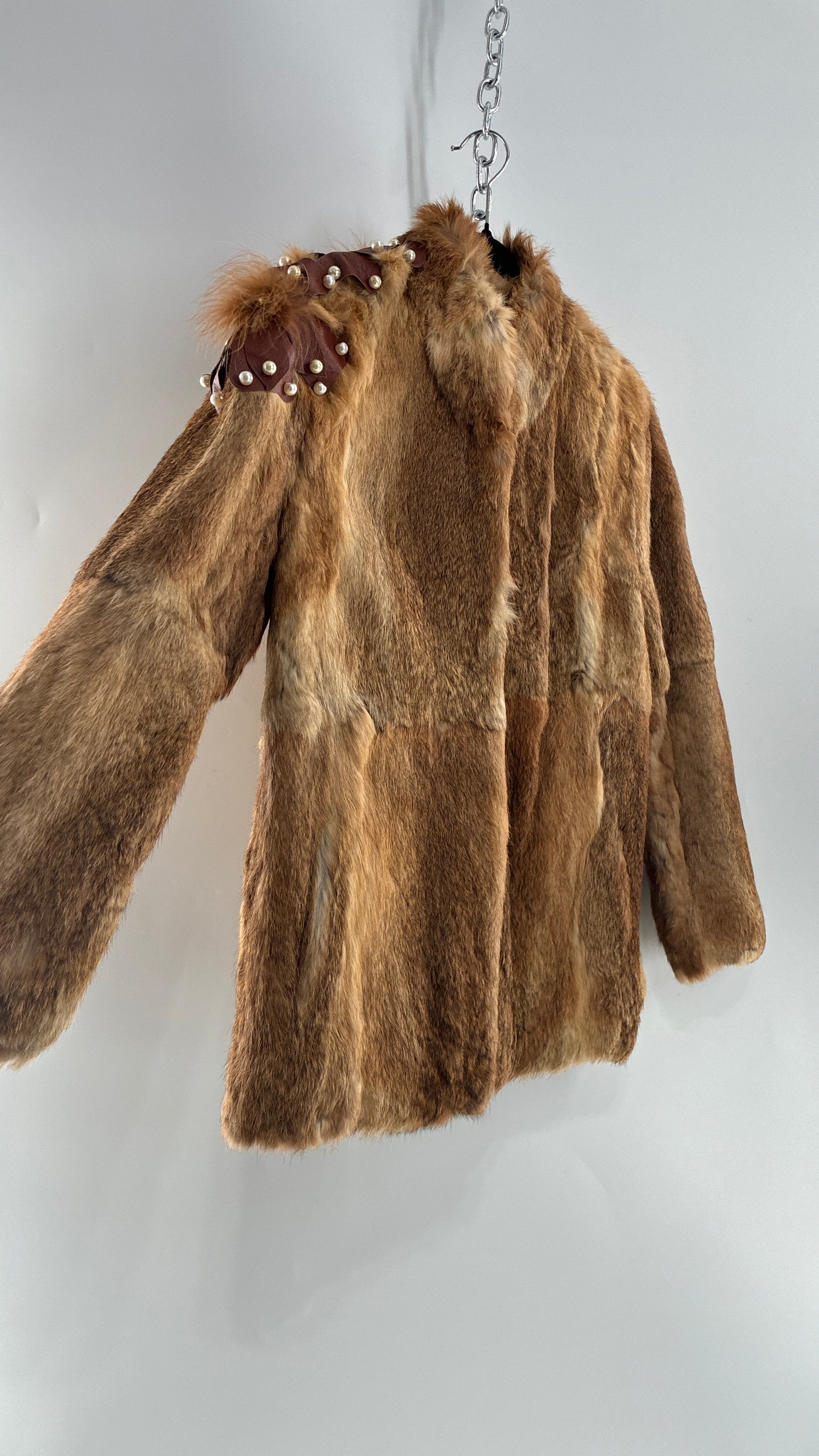 Vintage OPERA Montreal New York Genuine Fur Coat with Pearl Embellished Leather Flower Appliqués (Medium)