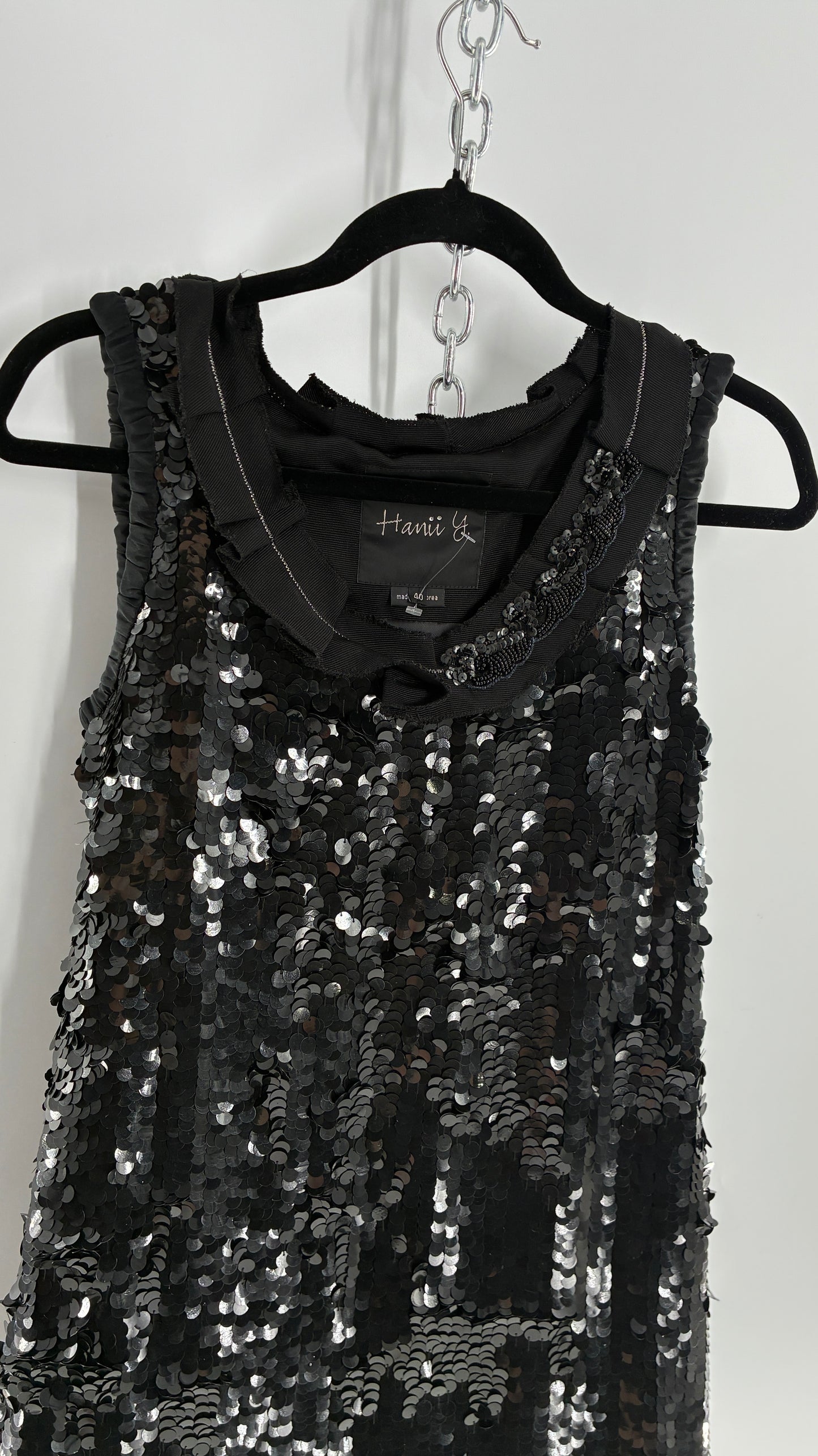 HANII Y. Black Sequin Mini Dress with Beaded, Pleated Ribbon Neckline and Bubble Hem (40)
