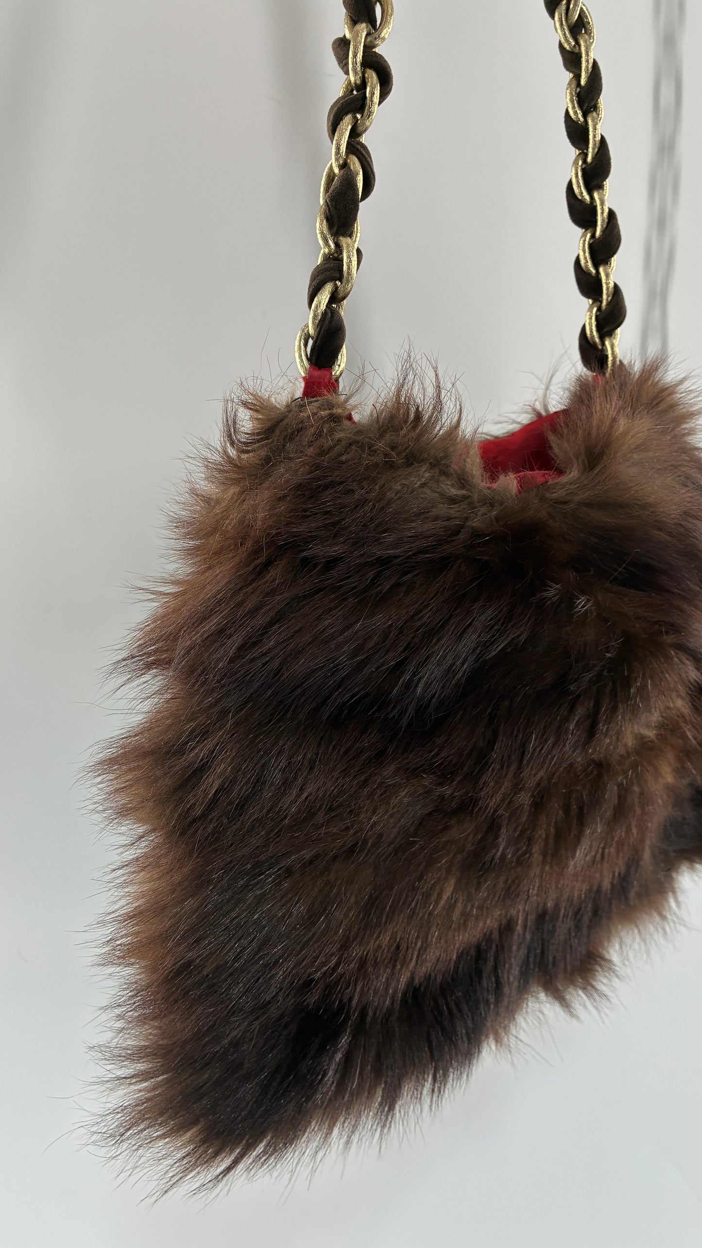 Vintage Handmade Genuine Fur Bag with Heavy Interlaced Gold Chain Strap