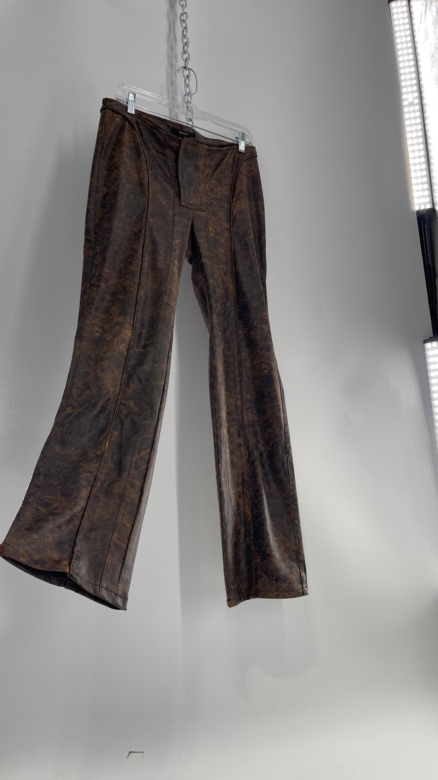 Vegan Brown Leather Kick Flares with Panel Details (Large)