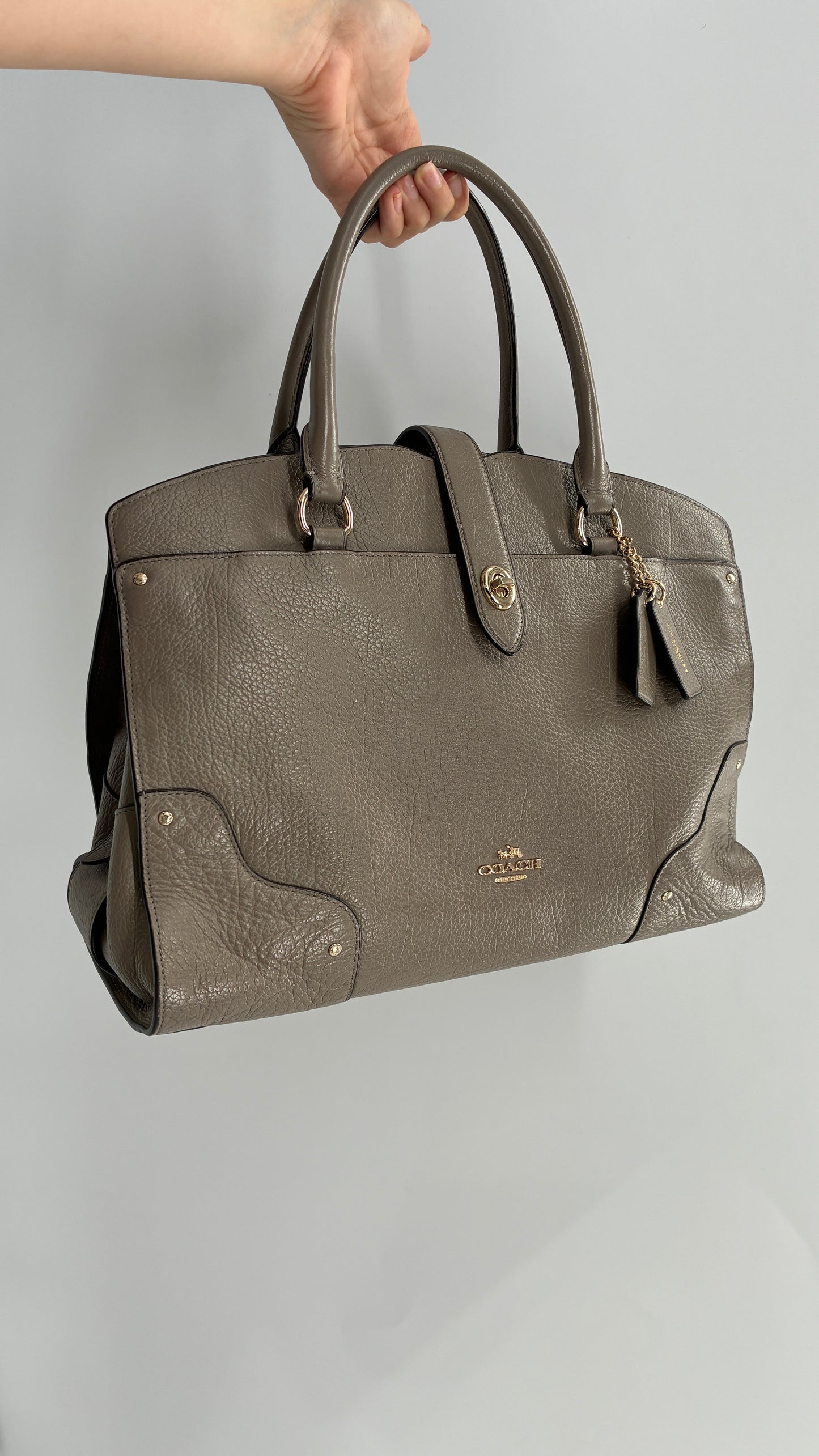 COACH Mercer Satchel 30in Grain Taupe Leather Bag with Multiple Sections and Pockets