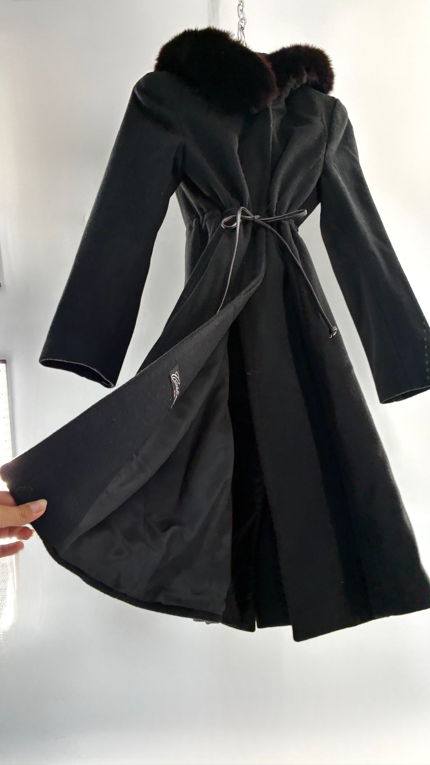 Vintage STEVE by SEARLE Cashmere Blend Coat with Underbust Tie and Fur Hood