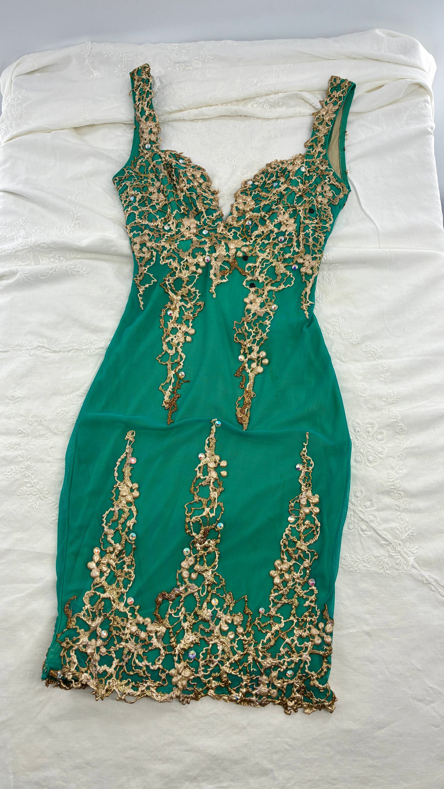 Vintage HOLT Hand Painted Turquoise Mini Dress with Low Open Back (XXS/XS)