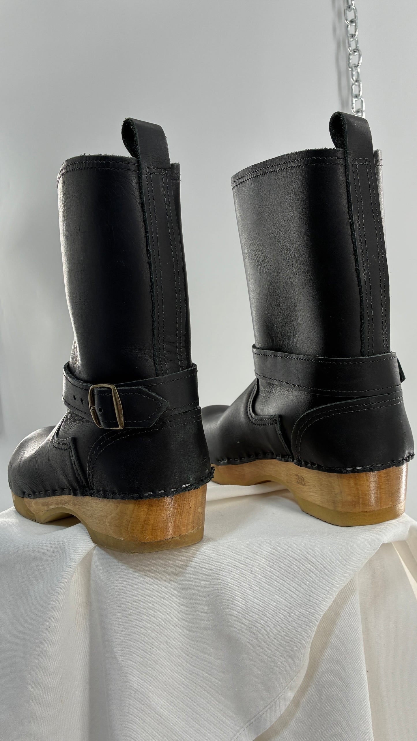 Vintage SVEN Swedish Thick Leather Black Clog Boots with Wooden Sole (38)