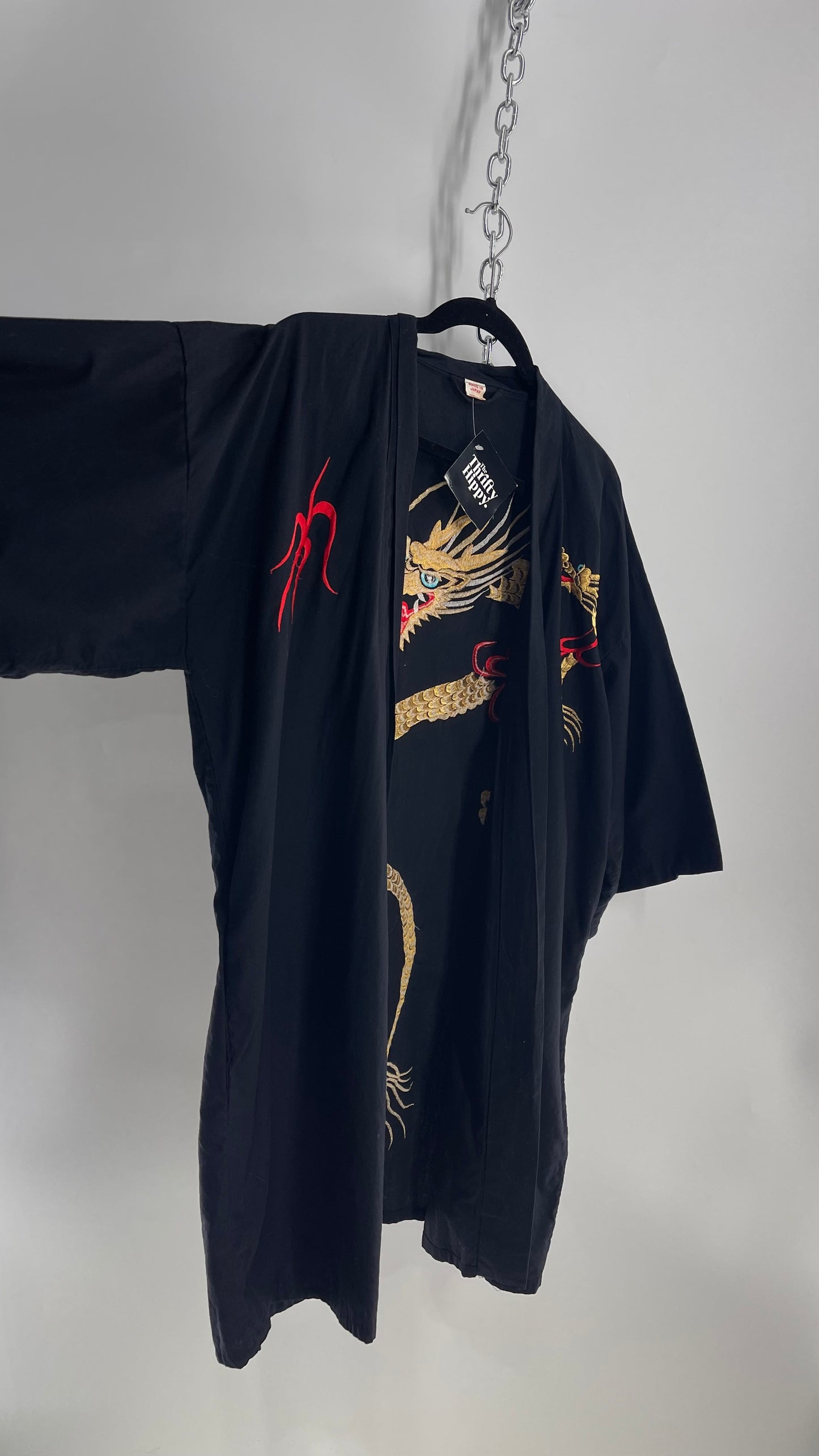 Vintage Japanese Cotton Cape/Kimono/Cardigan Robe with Hand Embroidered Gold Dragon (Small)