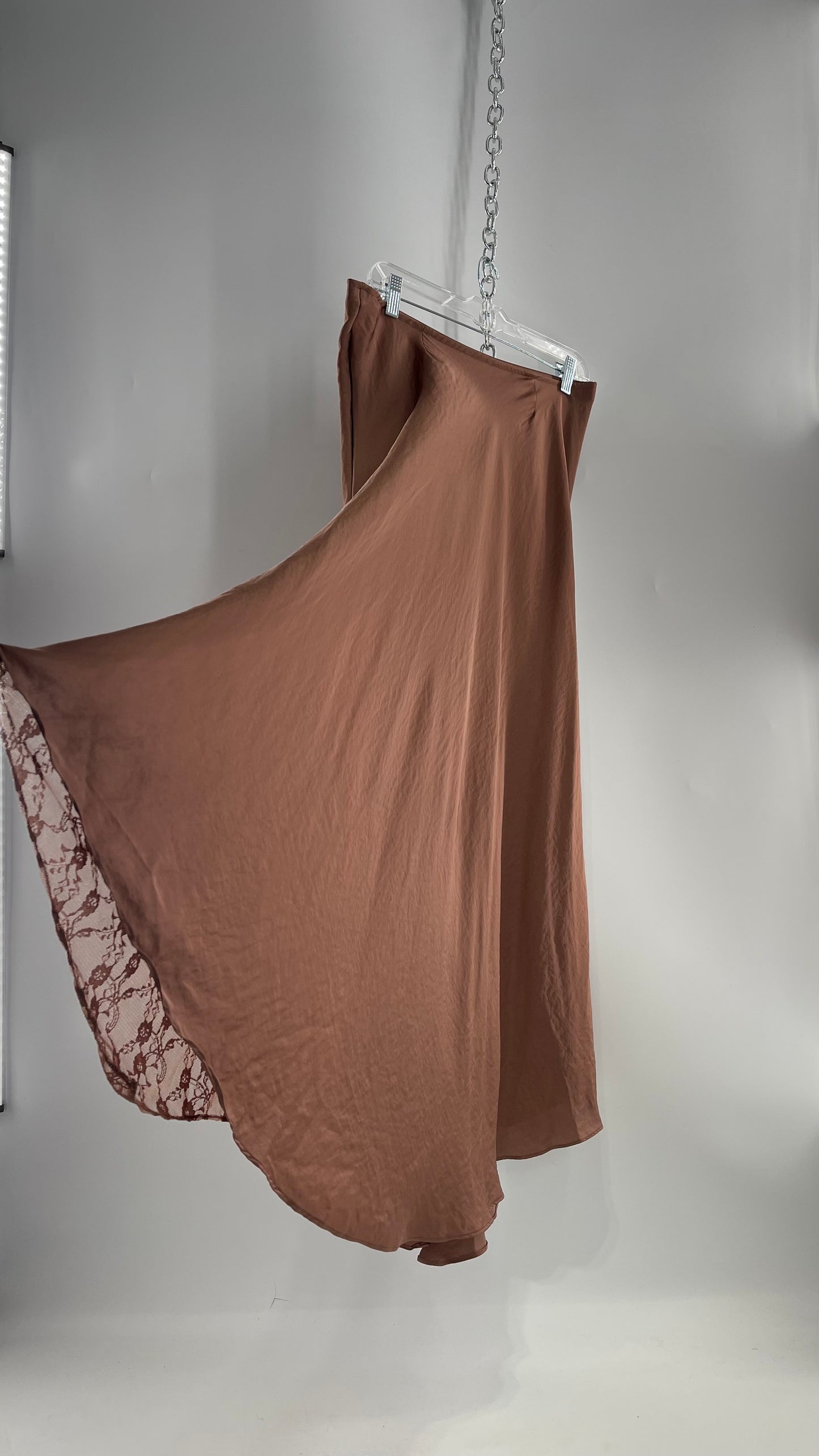 Intimately Free People Brown/Dusty Mauve Satin Maxi Skirt with Lace Paneling (Medium)