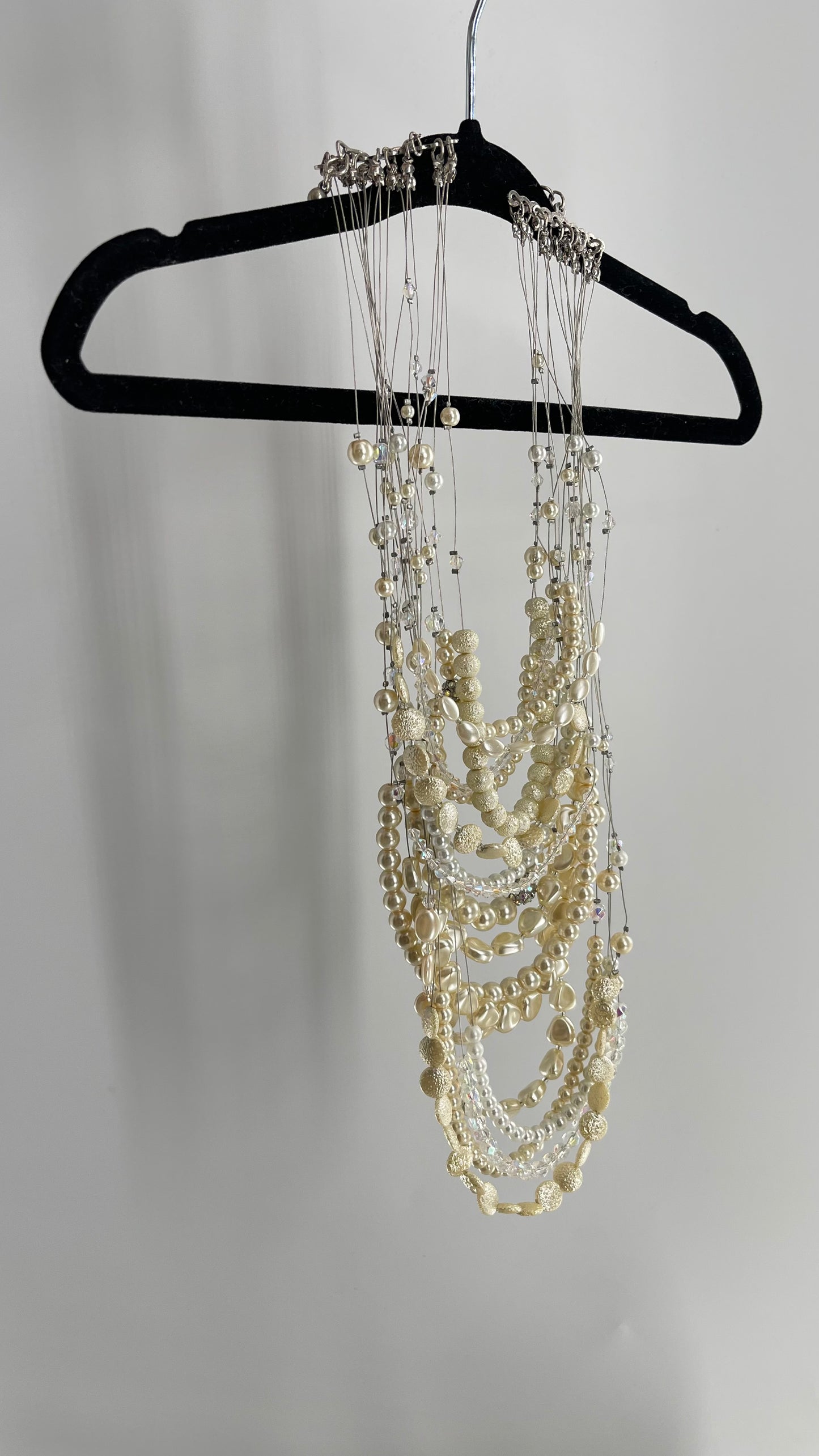 Vintage Handmade Exaggerated Multi Layer Pearl, Beaded Statement Necklace for Plunging Necklines