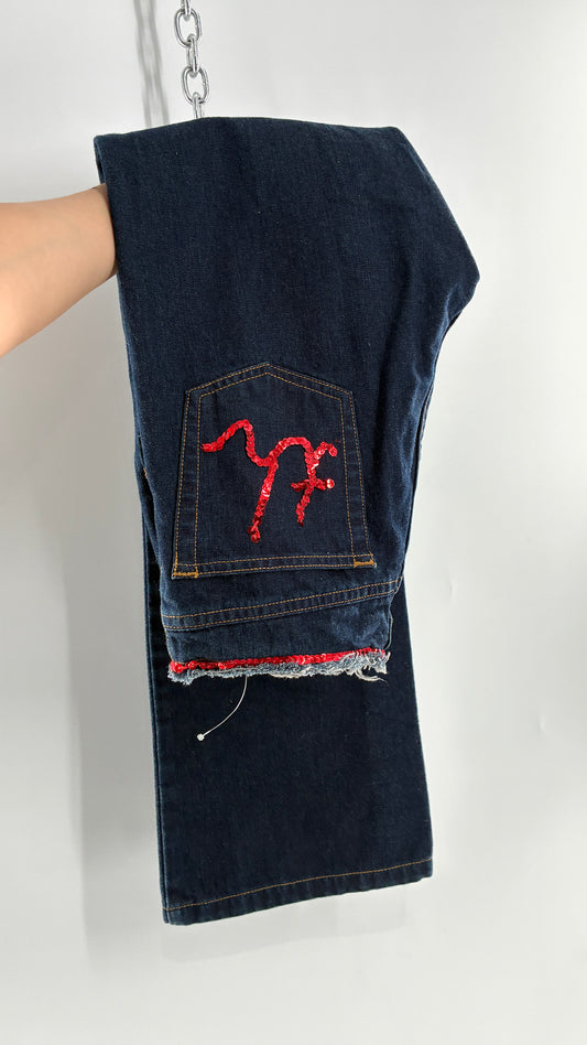 Vintage Tommy Hilfiger Low Rise Jeans with Frayed Waist Lined in Red Sequins (7)