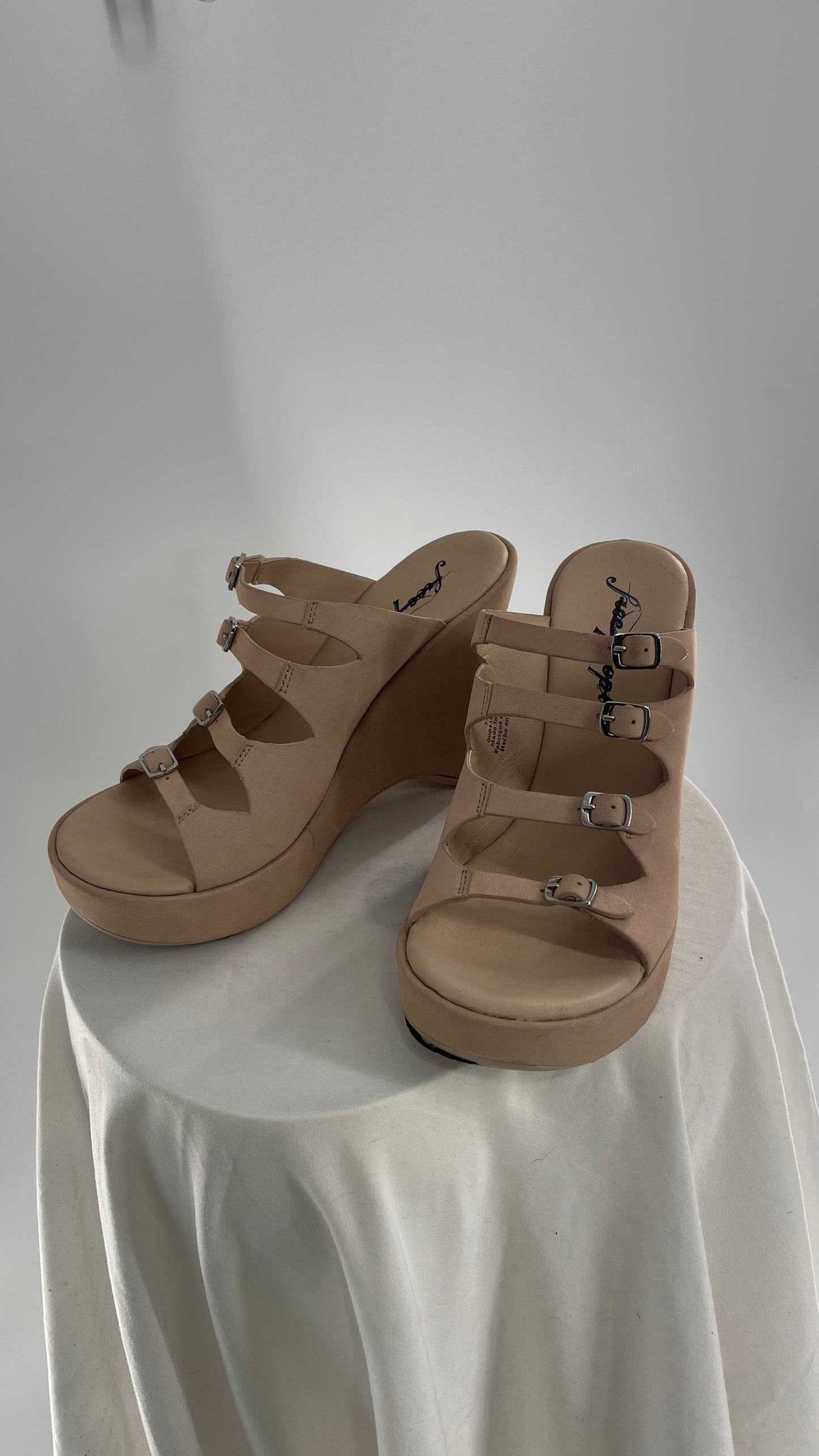 Free People Huffman Beige/Tan Leather Wedge Multiple Buckle Heel (37)