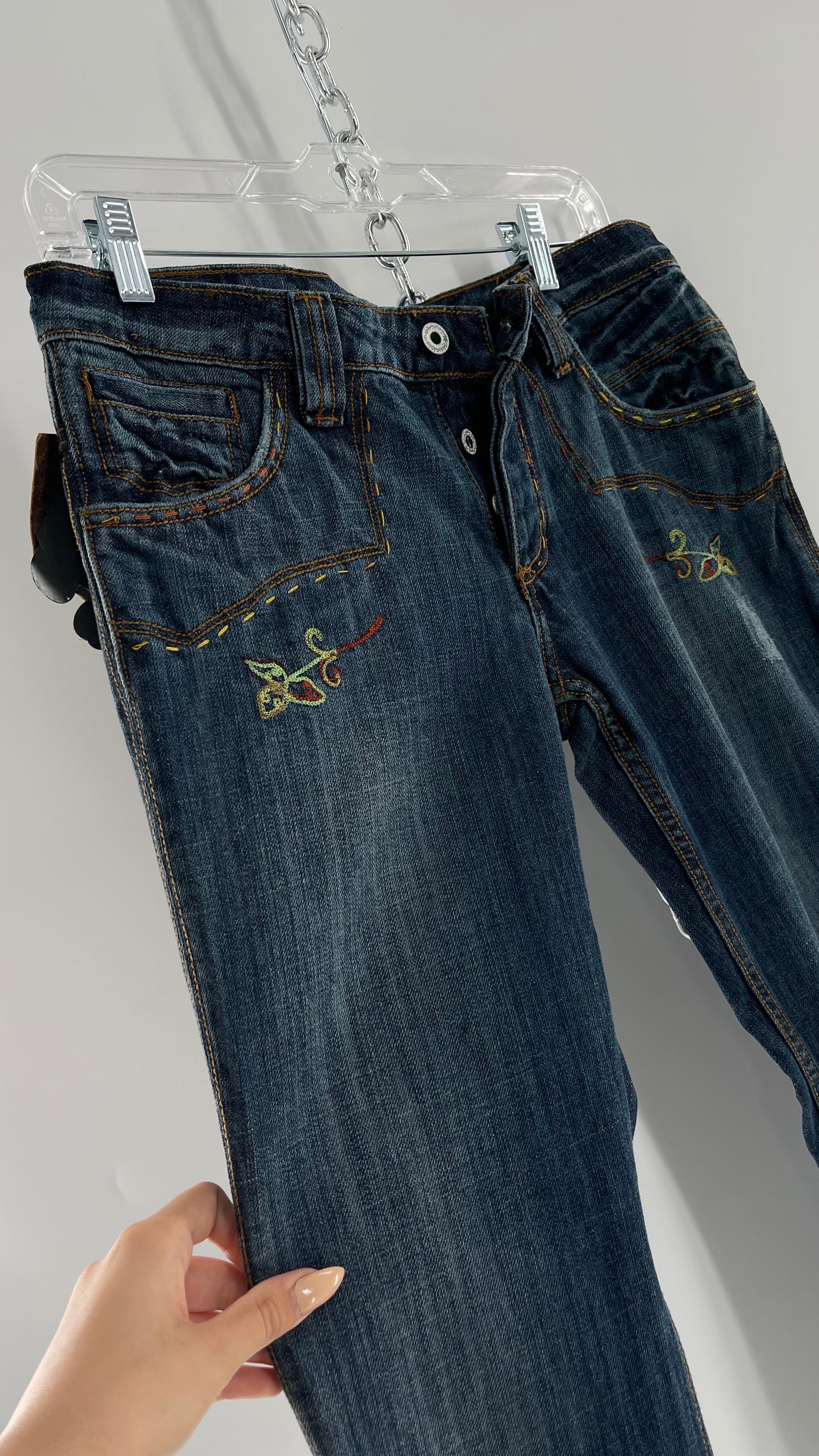 Vintage RARE Antik Denim Kick Flares with Embroidered Flower Design and Contrast Stitching (28)